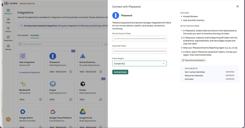 Oleria Connect with 1Password panel with the Service Account Token and Events API Token entered and Europe (eu) selected as the Events Region