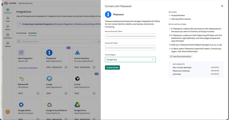 Oleria Connect with 1Password panel with the Service Account Token and Events API Token entered and Europe (eu) selected as the Events Region