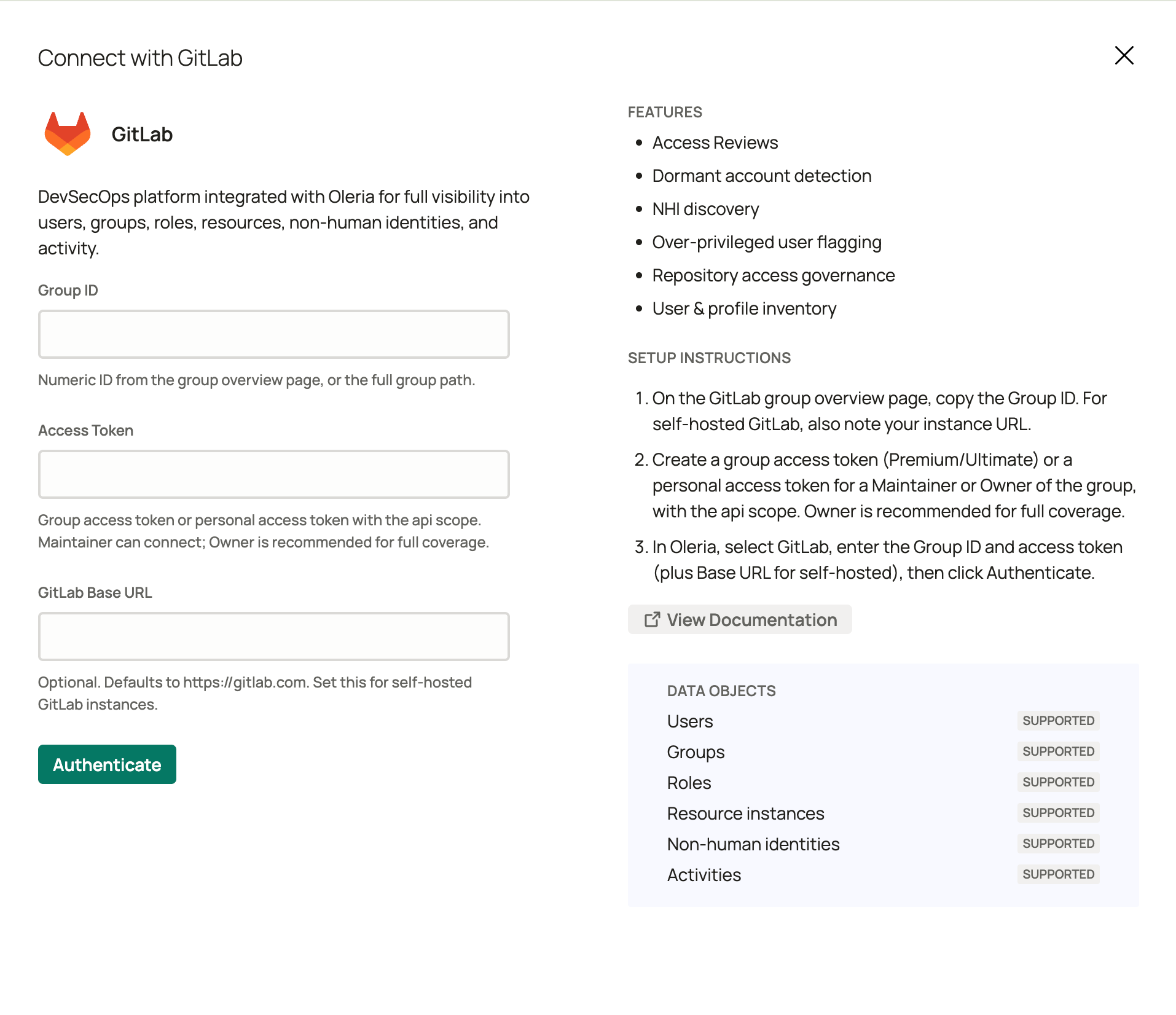Oleria connect with GitLab panel showing the Group ID, Access Token, and GitLab Base URL fields alongside the GitLab features, setup instructions, and supported data objects