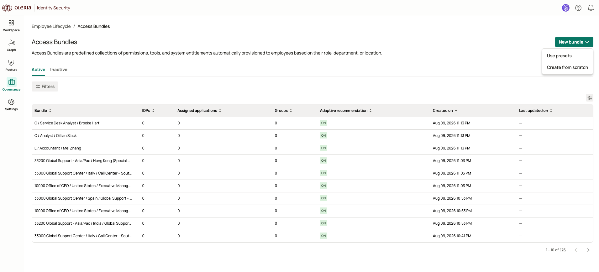 Access Bundles page listing existing bundles with the New bundle menu open, showing the Use presets and Create from scratch options