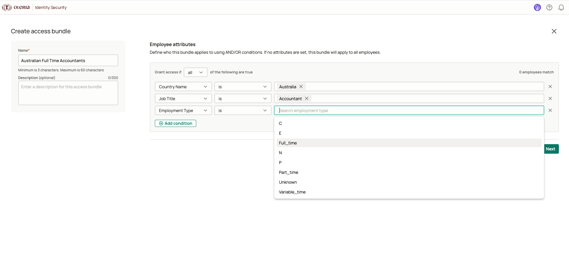 Bundle details step showing the name and description fields alongside the employee attributes filter builder with attribute conditions