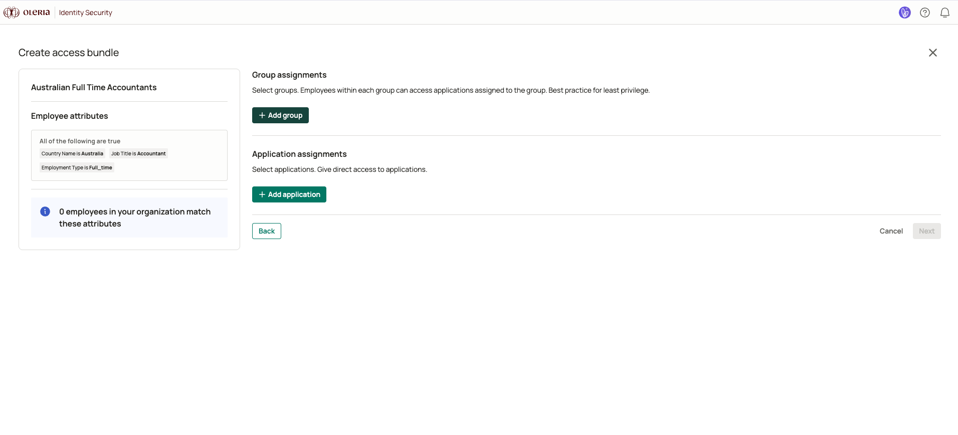 Group and entitlement selection step listing available identity provider groups and applications with the access each one confers