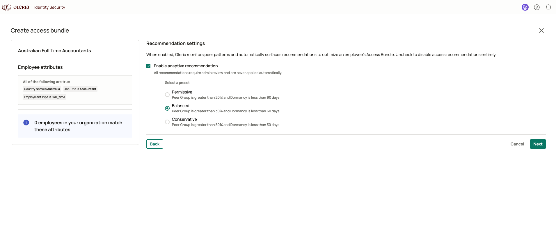 Recommendation settings step with adaptive recommendations enabled and the Permissive, Balanced, and Conservative levels available for selection