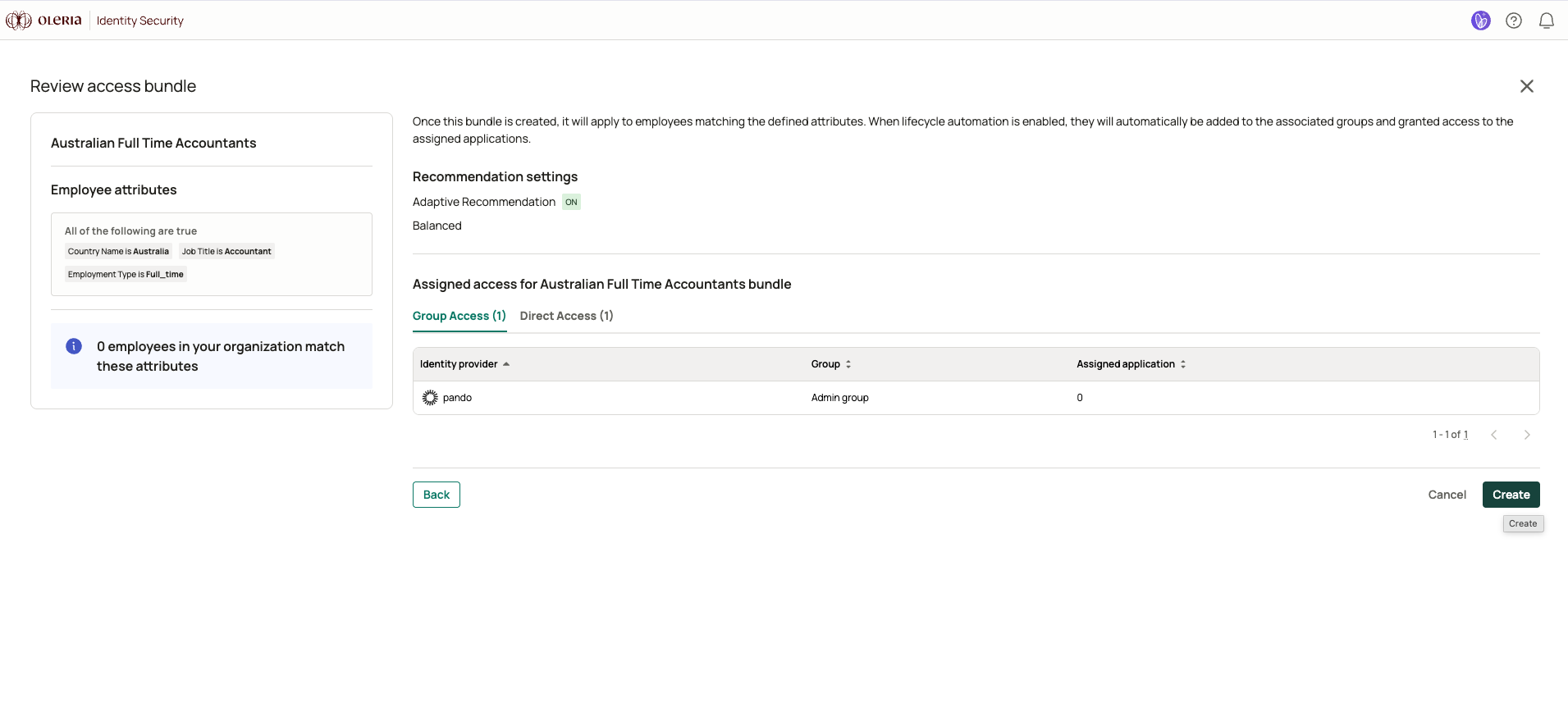 Review access bundle page summarizing the bundle name, employee filter, assigned groups and entitlements, and recommendation settings before creation