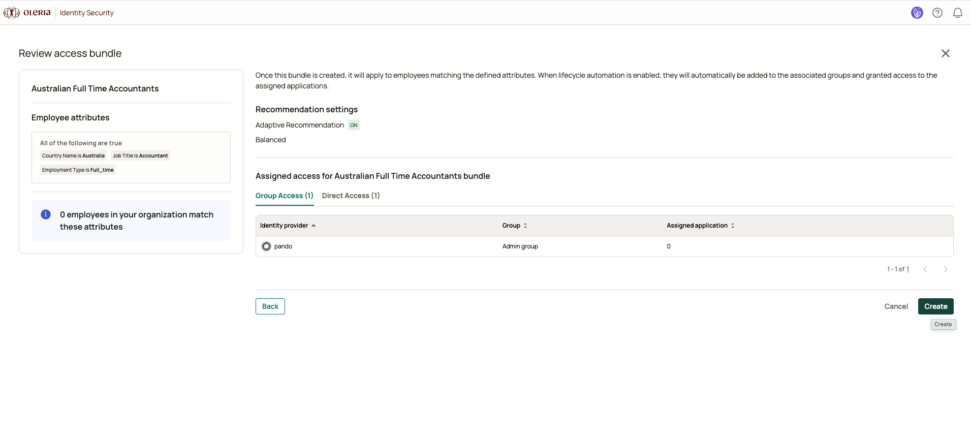 Review access bundle page summarizing the bundle name, employee filter, assigned groups and entitlements, and recommendation settings before creation
