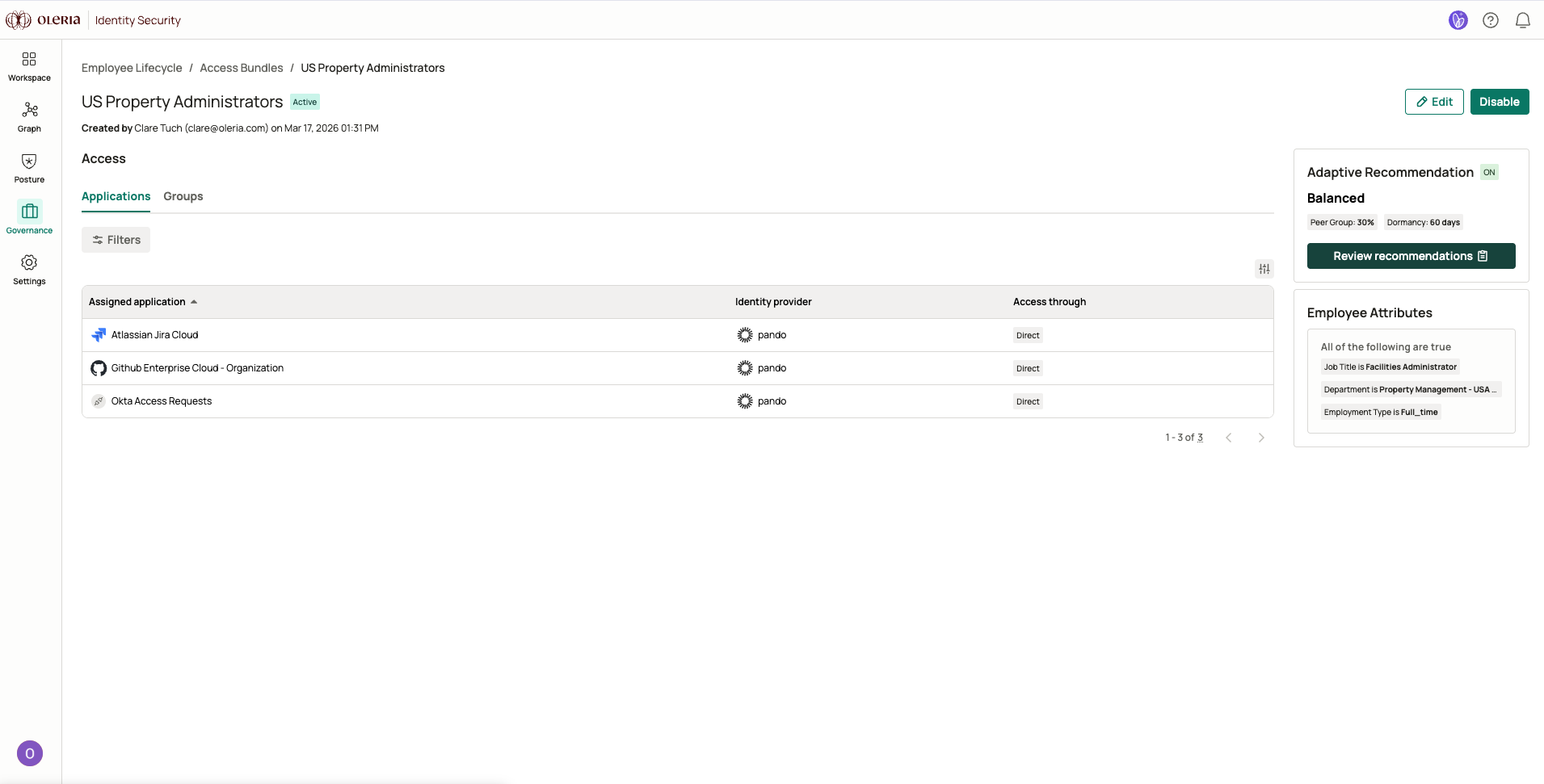 Detail panel for an active access bundle, with the Review recommendations button on the right
