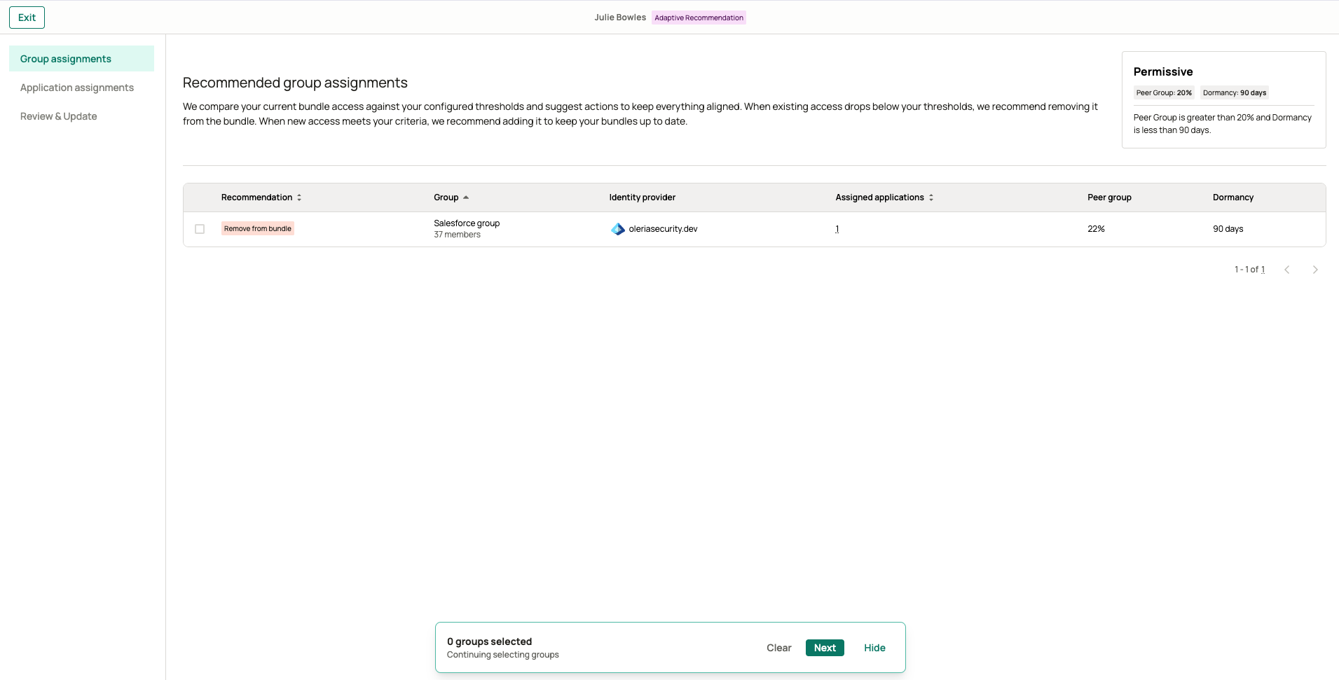 Review wizard on the group assignments step, showing add and remove recommendations with peer group share, dormancy, member count, and application count columns