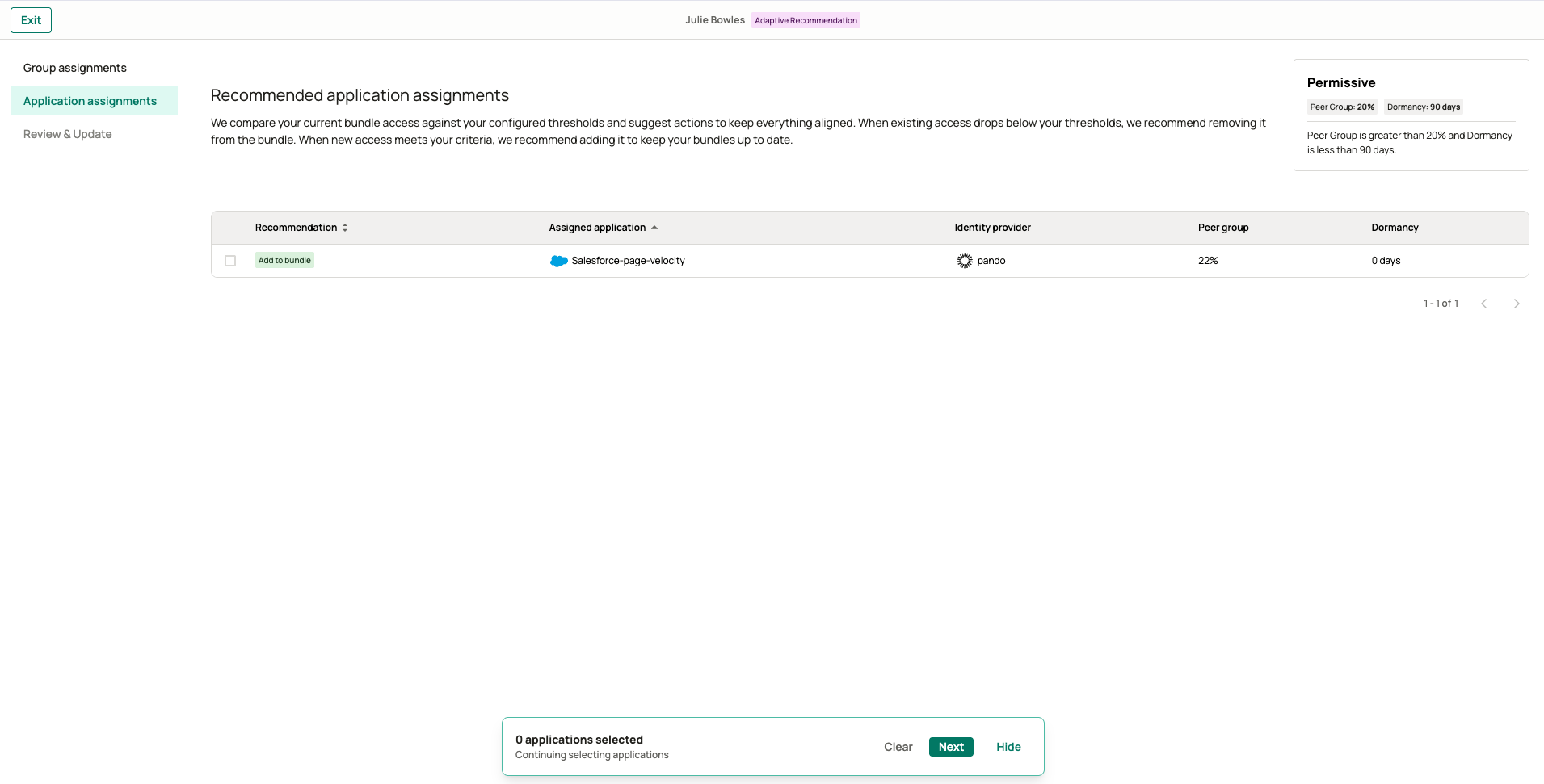 Review wizard on the application assignments step, with the bundle's threshold settings visible alongside the recommendation table