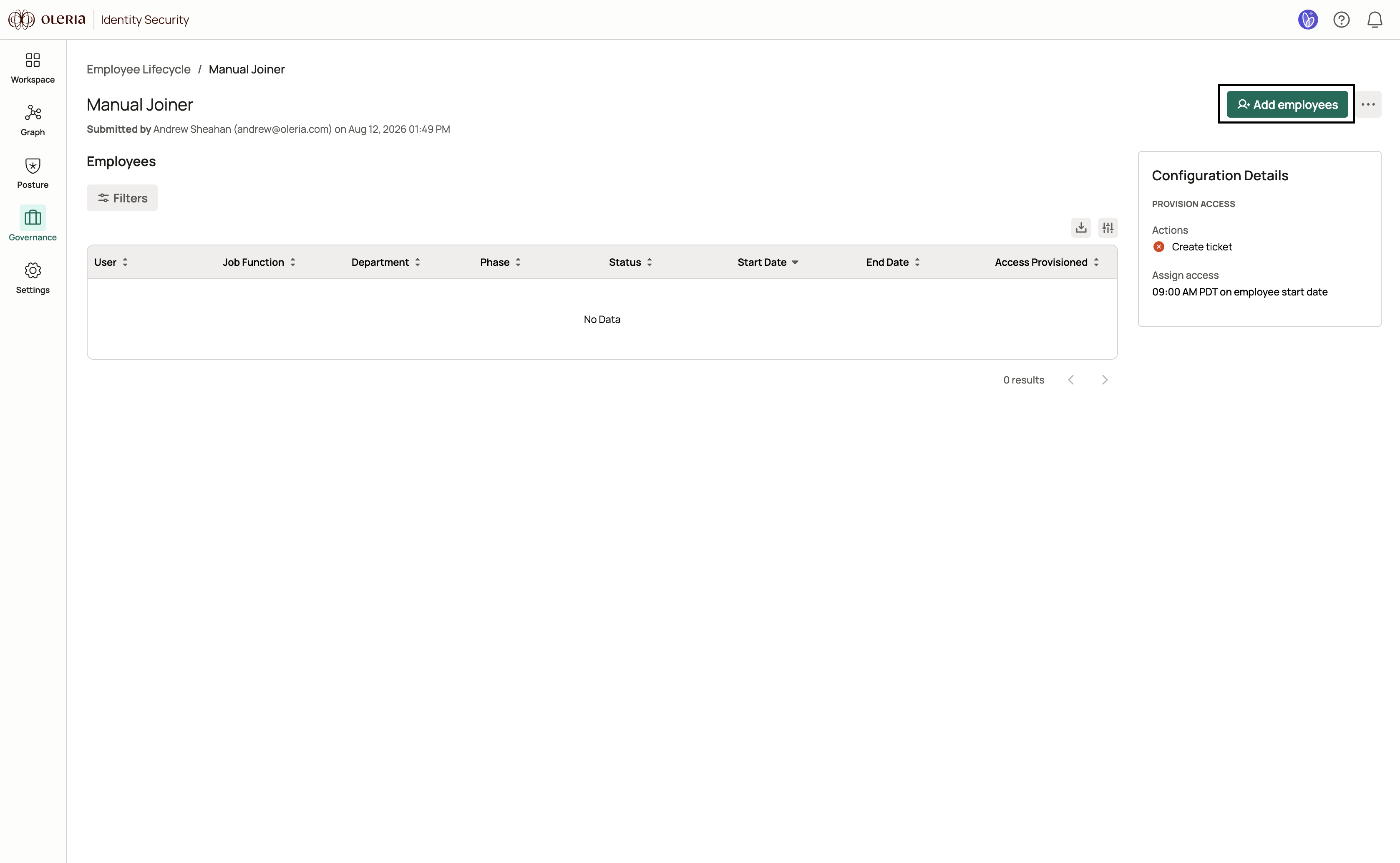 Add employees button on the joiner lifecycle details page