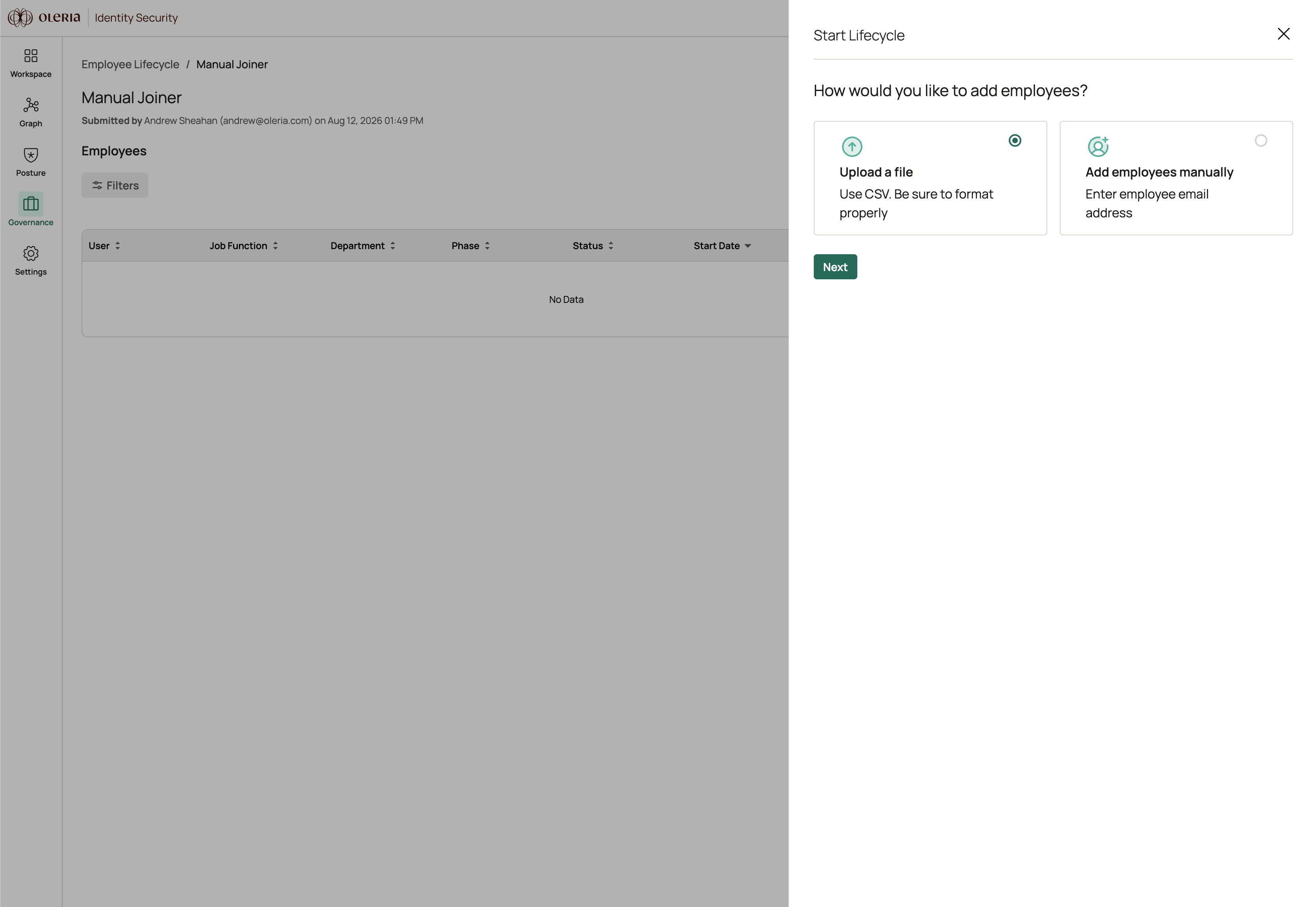 Add employees sheet showing the manual entry and file upload options