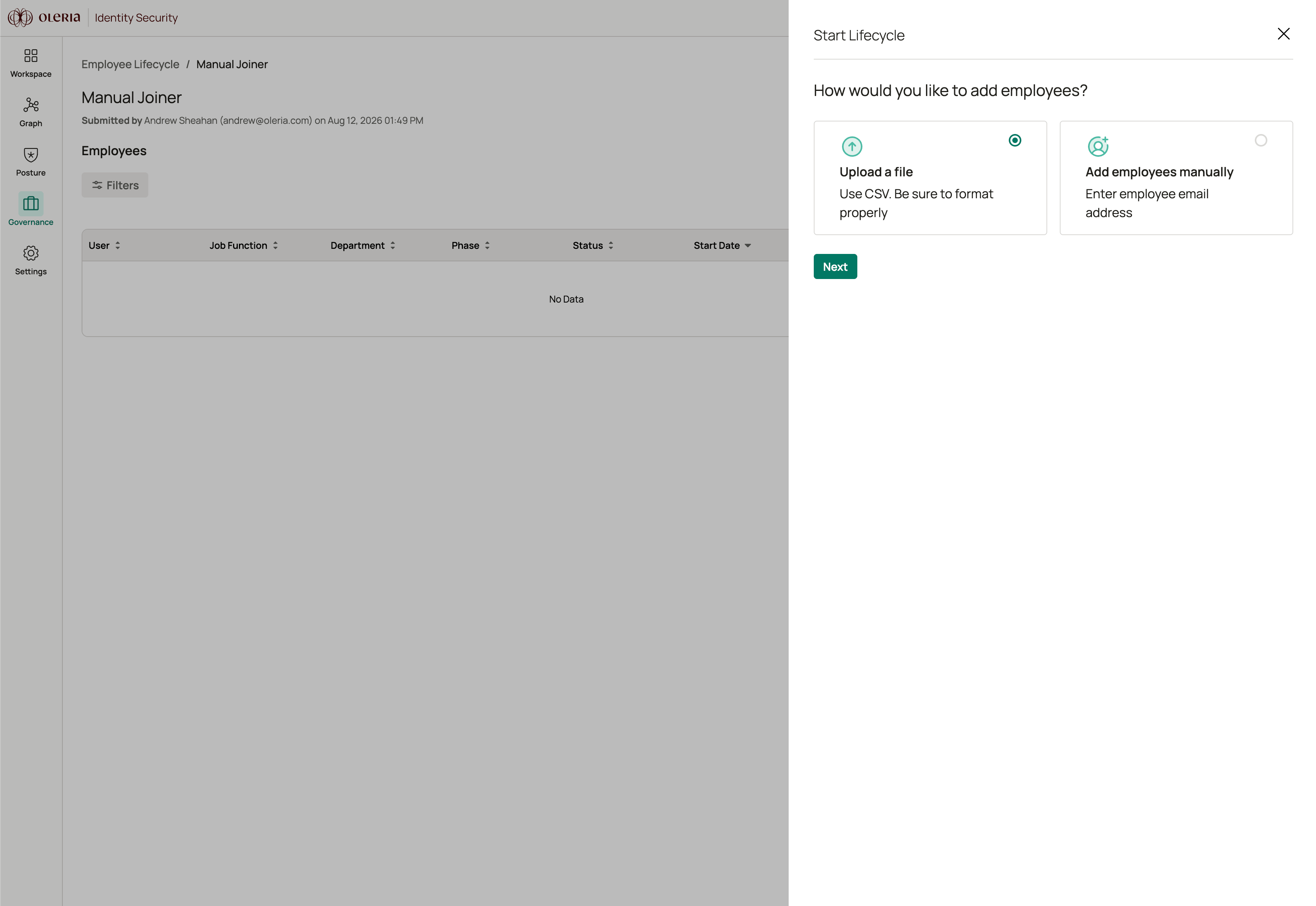 Add employees sheet showing the manual entry and file upload options