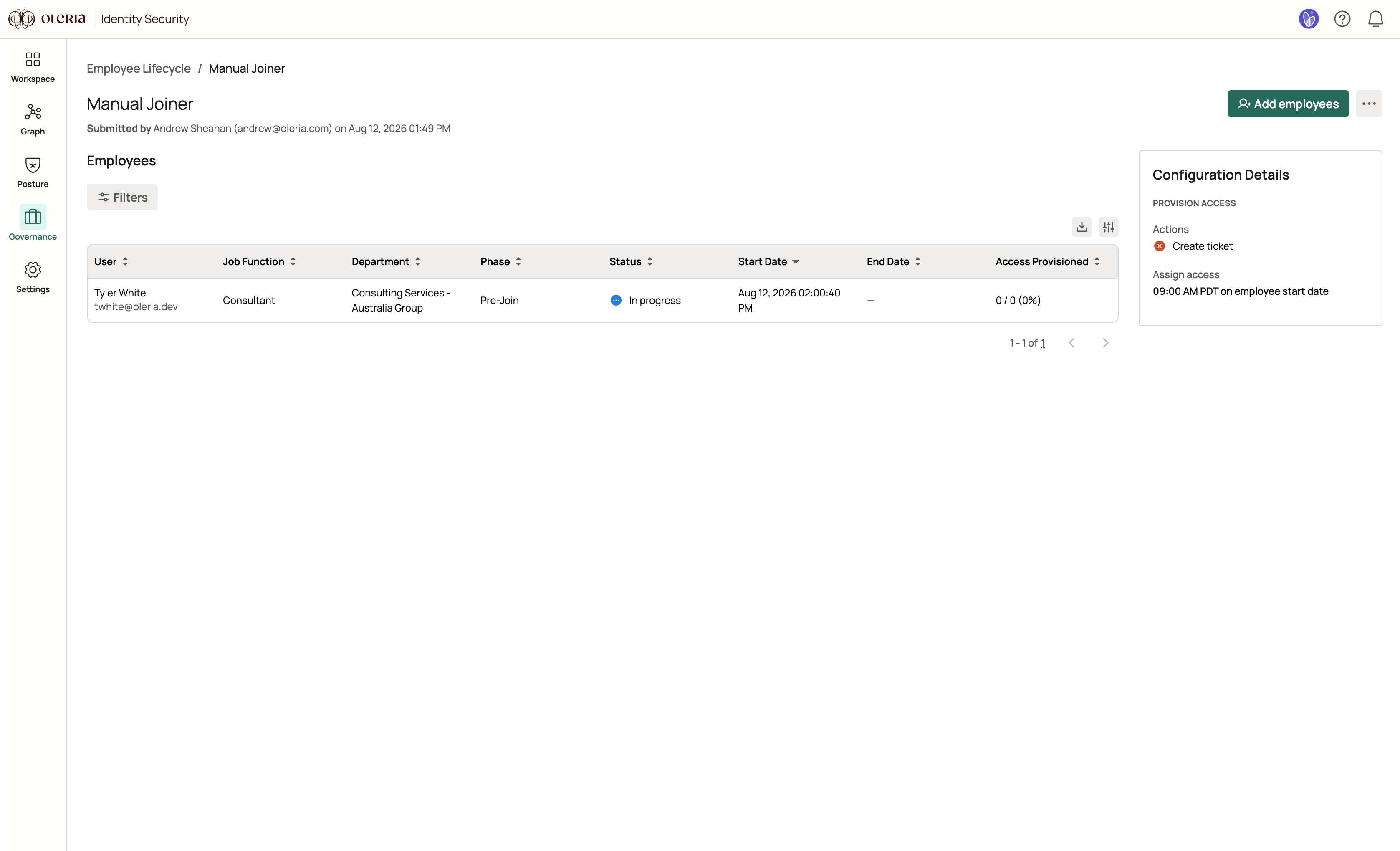 Joiner lifecycle details page showing the employee table with phase, status, and access provisioned columns