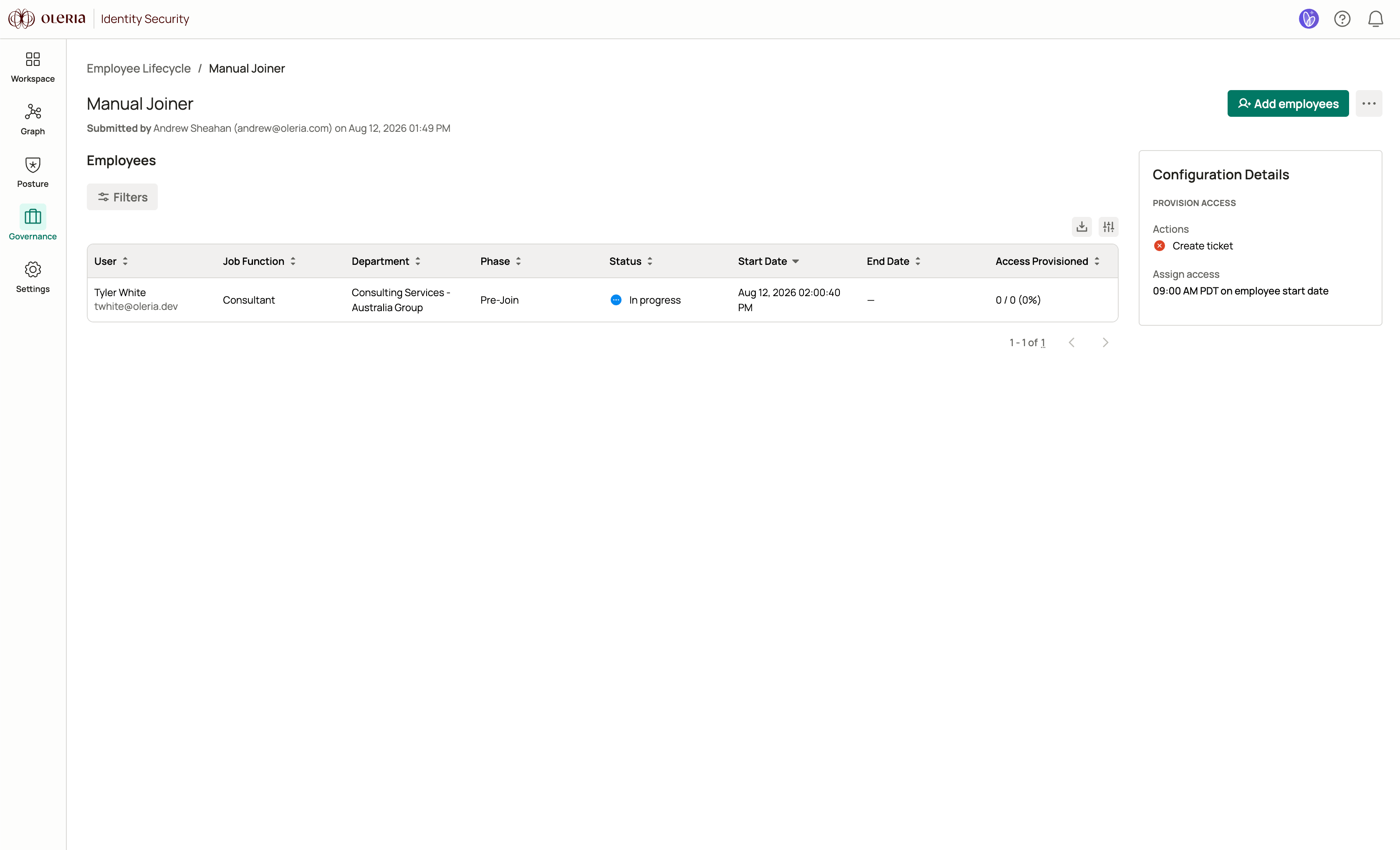 Joiner lifecycle details page showing the employee table with phase, status, and access provisioned columns