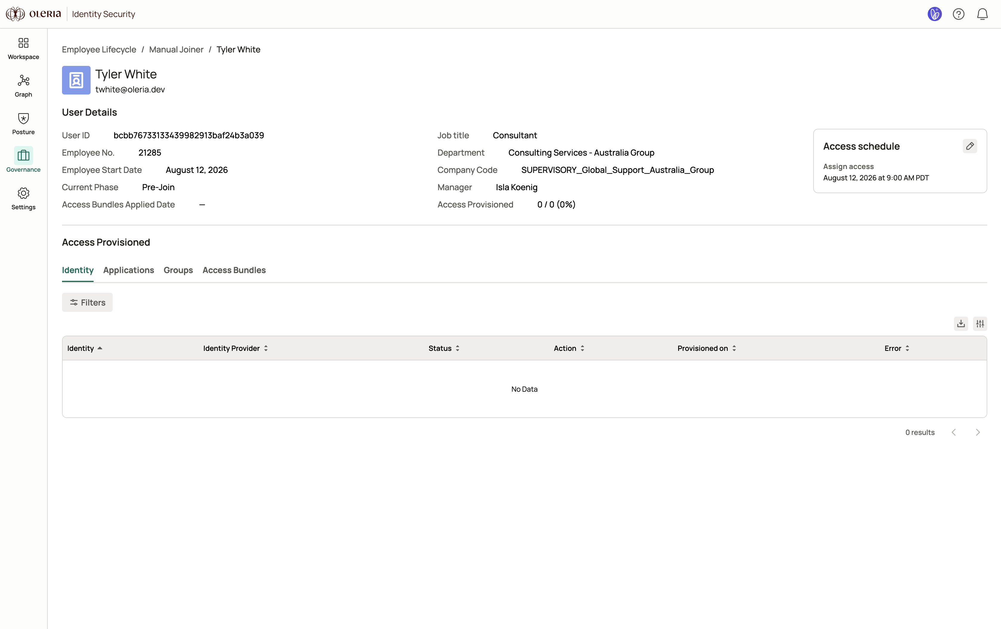 Joiner employee event page showing user details and provisioning progress