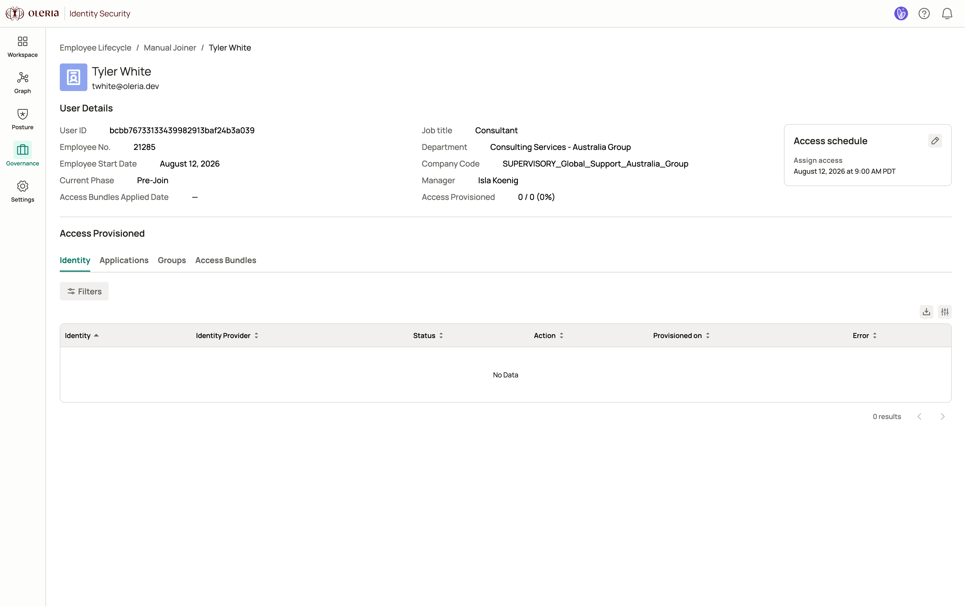 Joiner employee event page showing user details and provisioning progress
