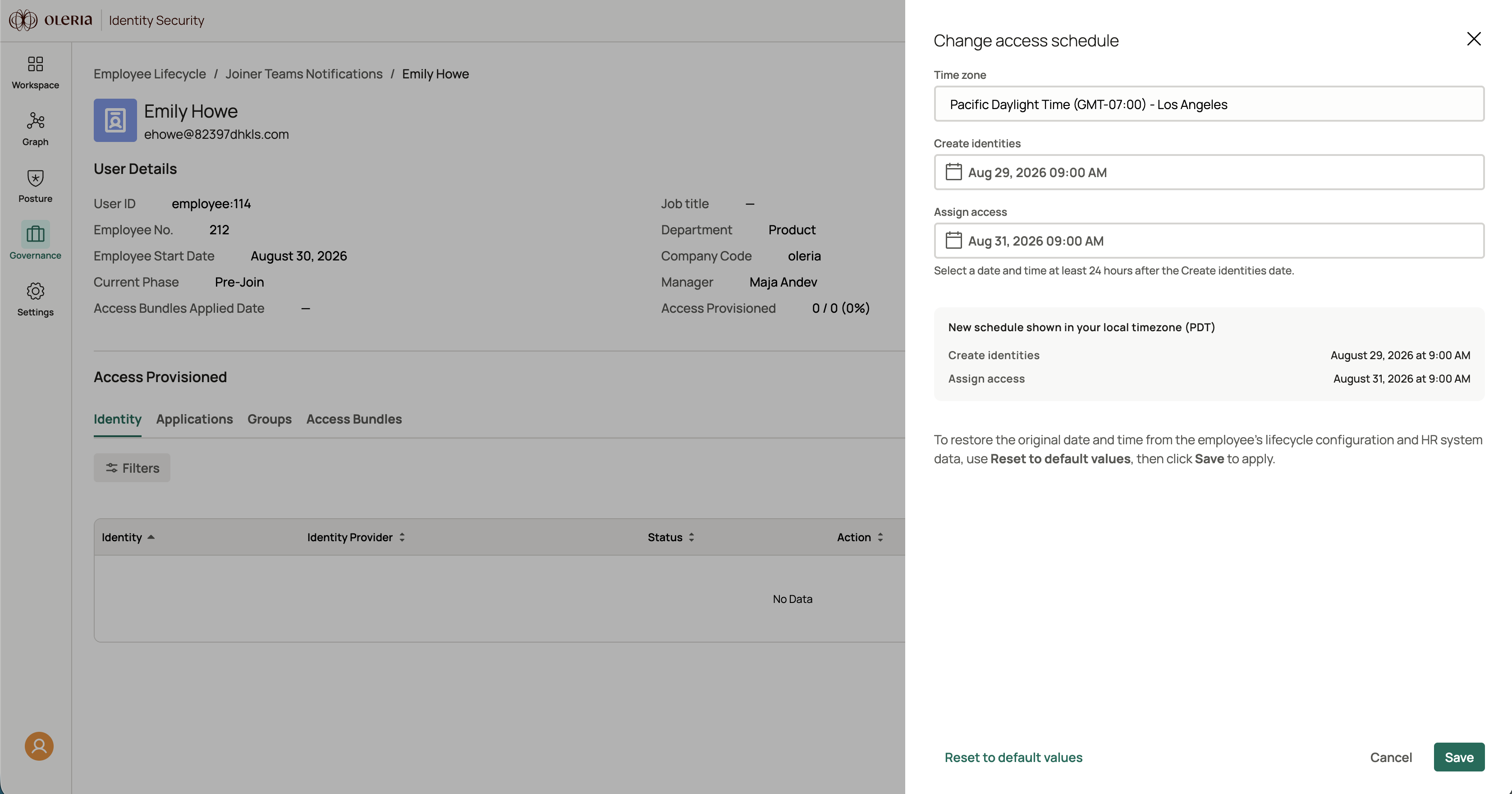 Edit access schedule sheet showing the Create identities and Assign access time pickers