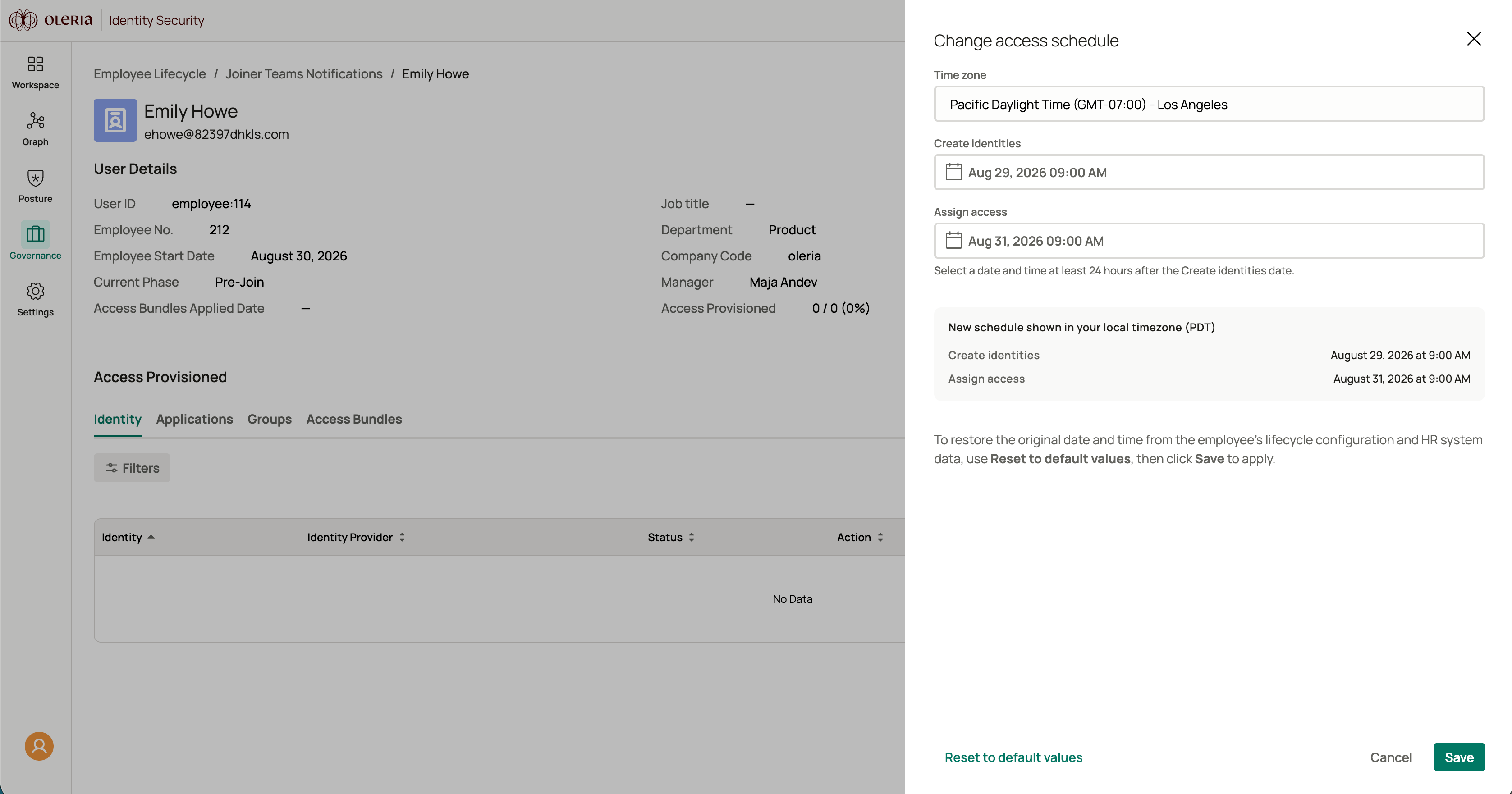 Edit access schedule sheet showing the Create identities and Assign access time pickers