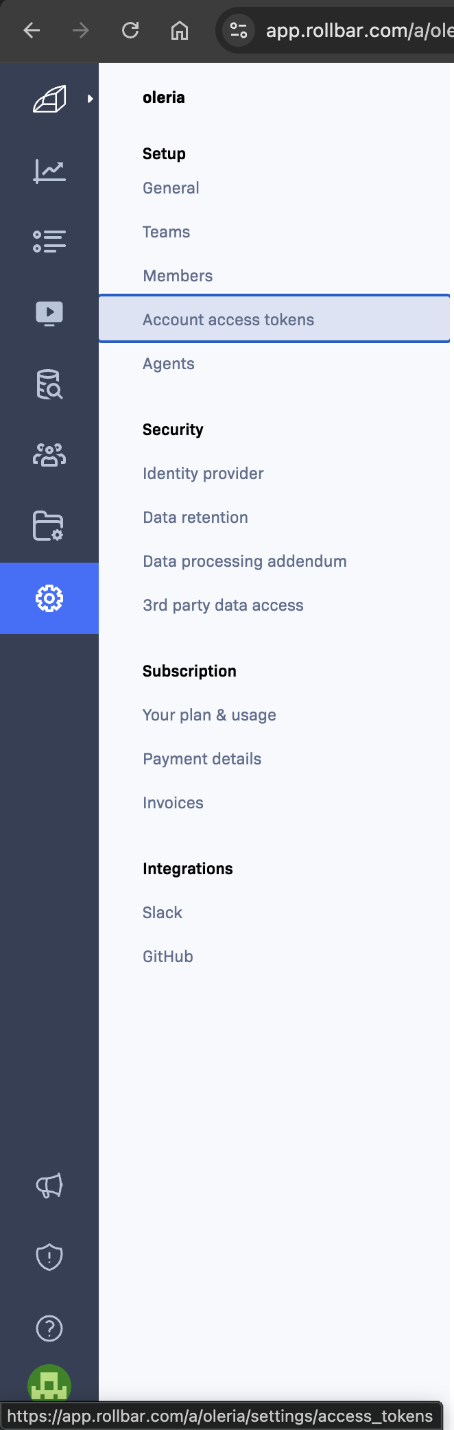 Rollbar Settings sidebar with Account access tokens selected under Setup
