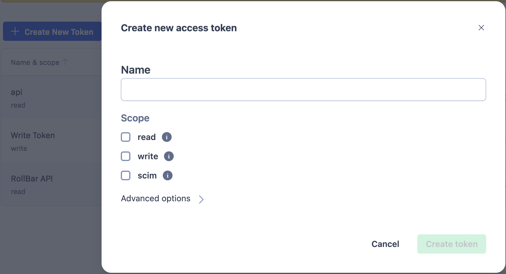 Rollbar Create new access token dialog showing the Name field and read, write, and scim scope checkboxes