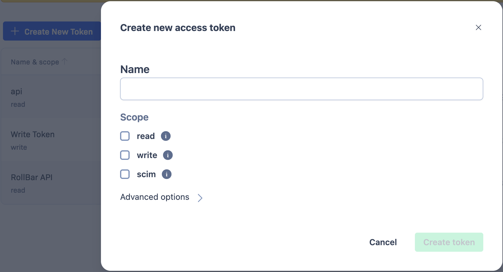Rollbar Create new access token dialog showing the Name field and read, write, and scim scope checkboxes