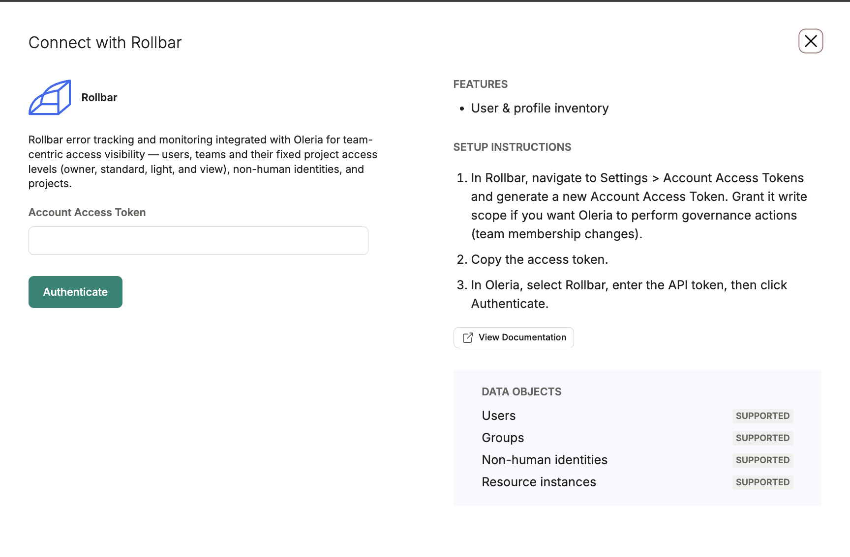 Oleria Connect with Rollbar panel showing the Account Access Token field and Authenticate button