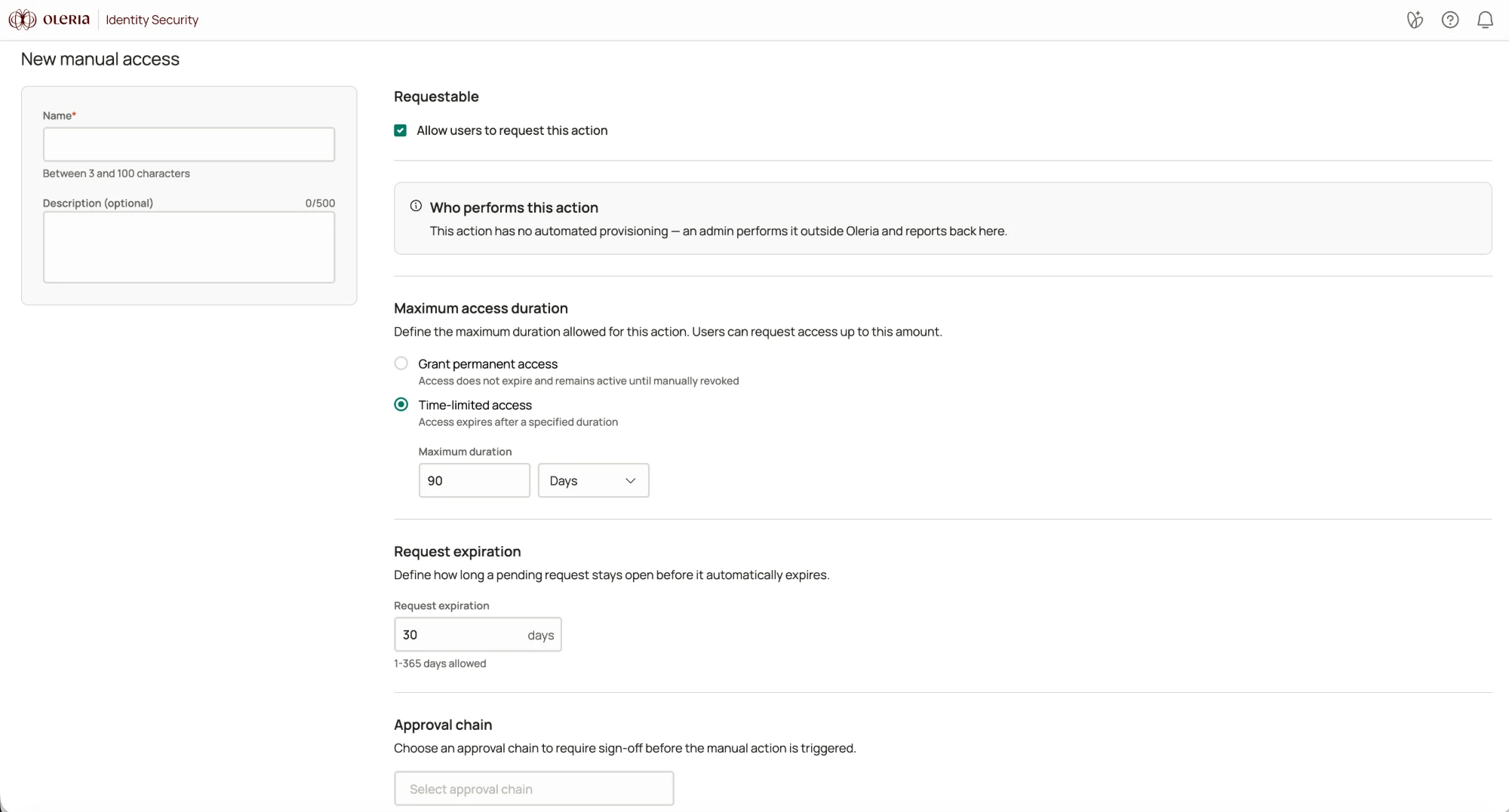 New manual access page showing the name, description, requestable toggle, maximum access duration, request expiration, and approval chain fields