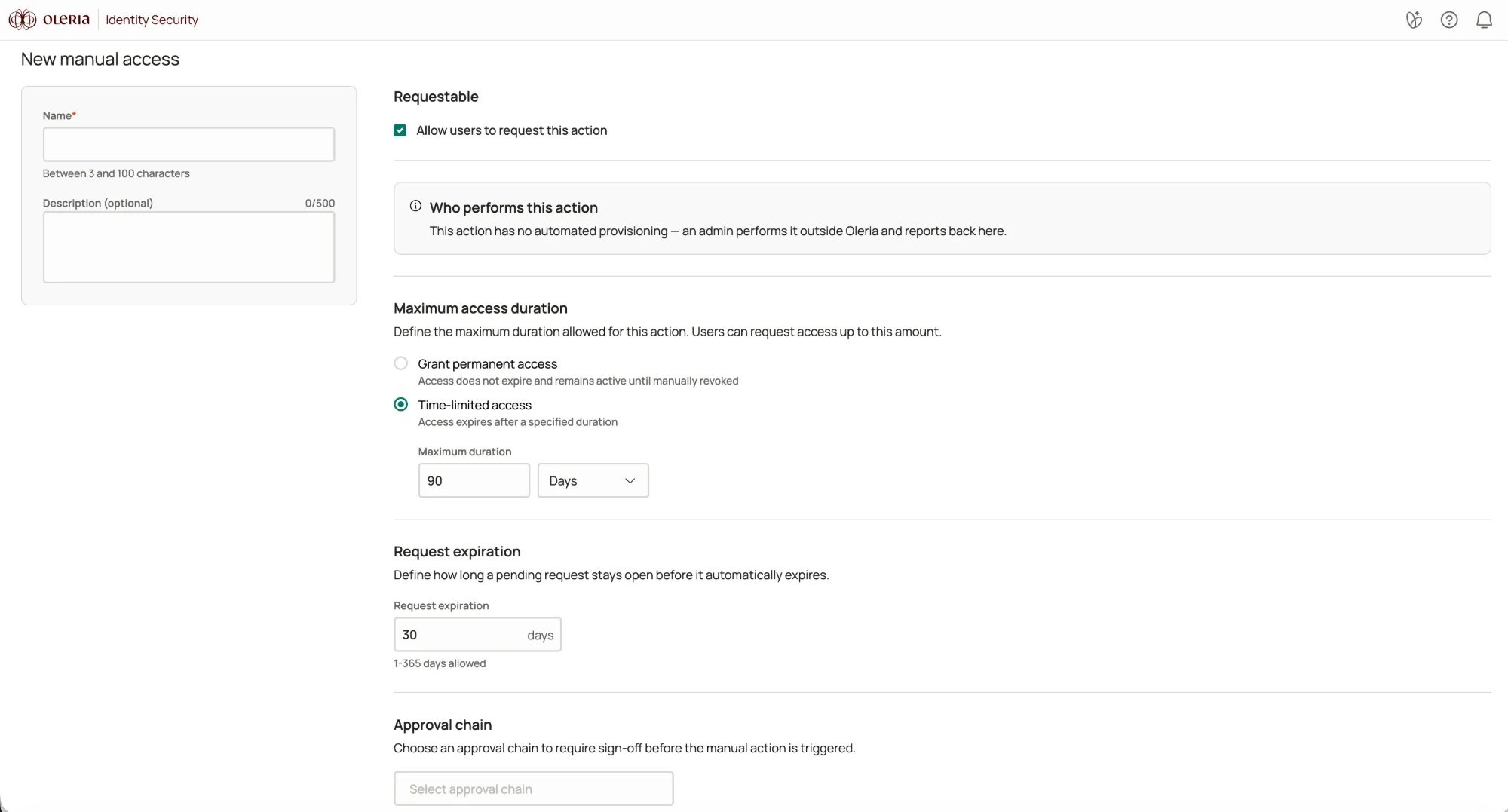 New manual access page showing the name, description, requestable toggle, maximum access duration, request expiration, and approval chain fields