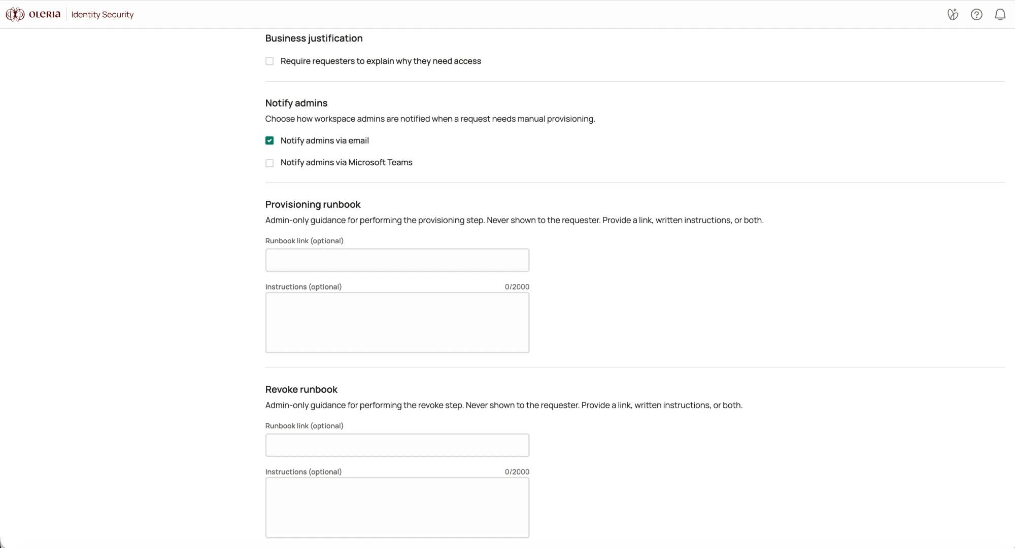 New manual access page showing the business justification toggle, notify admins channels, and the provisioning and revoke runbook fields