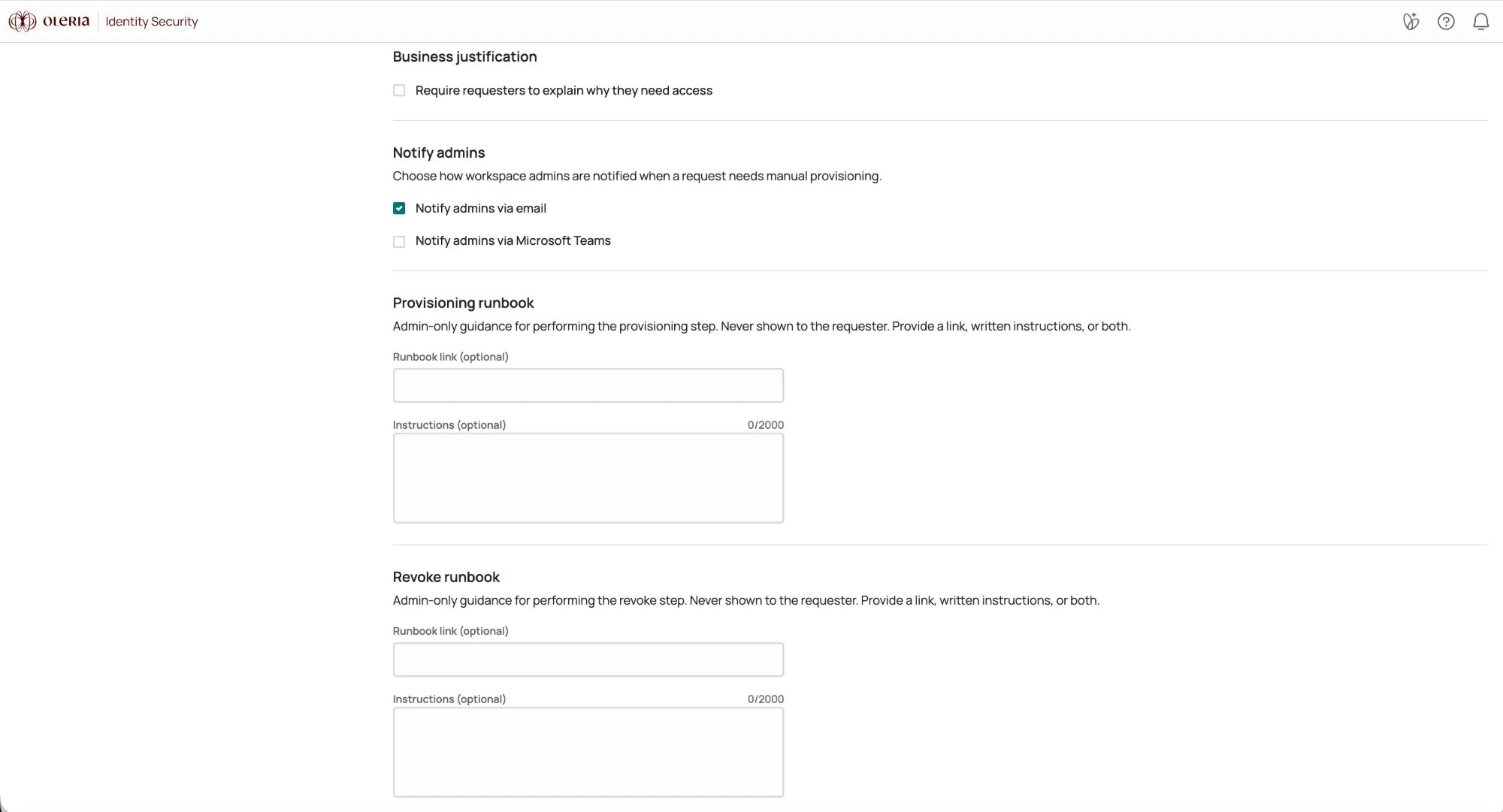 New manual access page showing the business justification toggle, notify admins channels, and the provisioning and revoke runbook fields