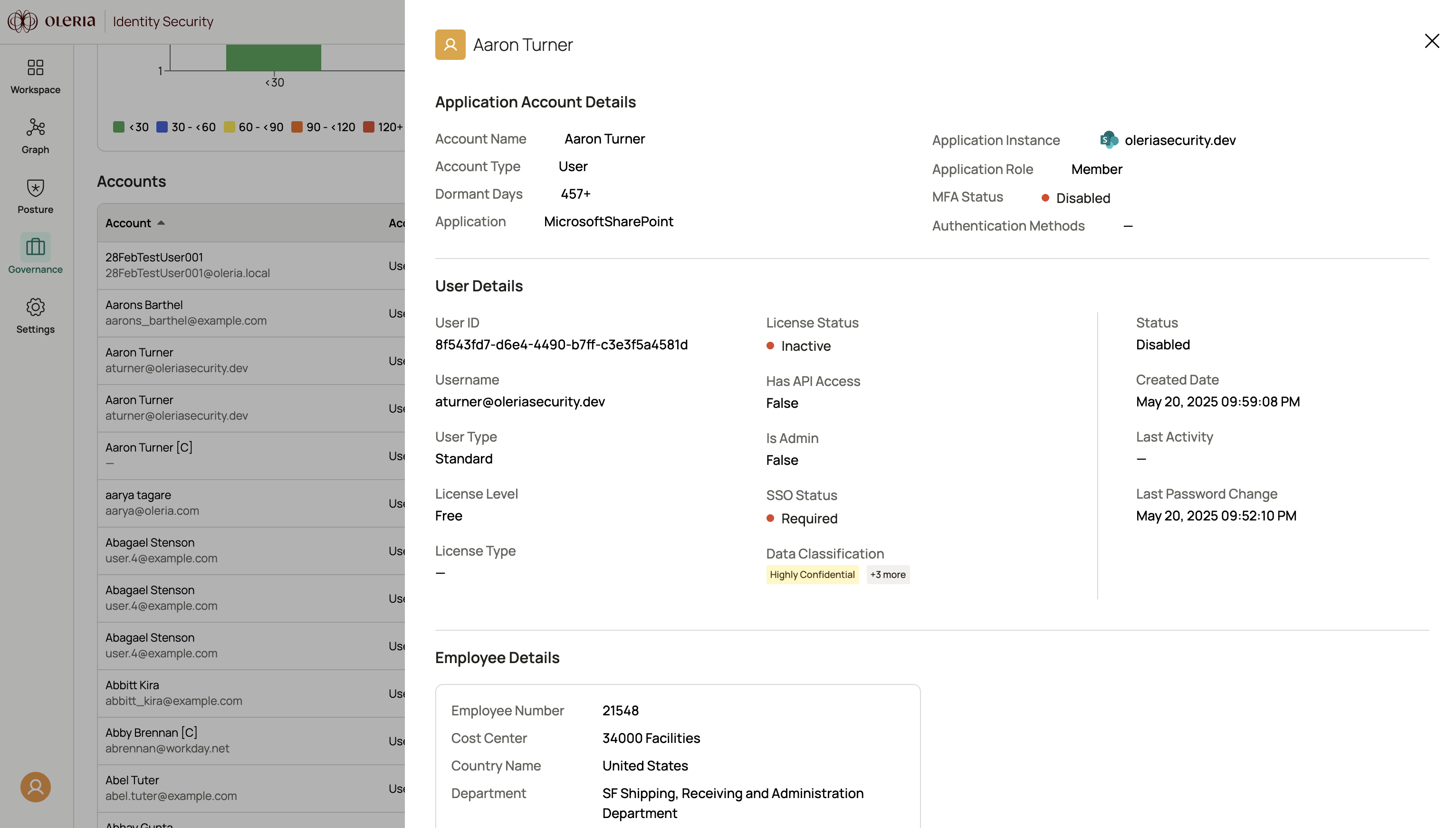 Application accounts details panel showing account name, type, dormant days, and user details