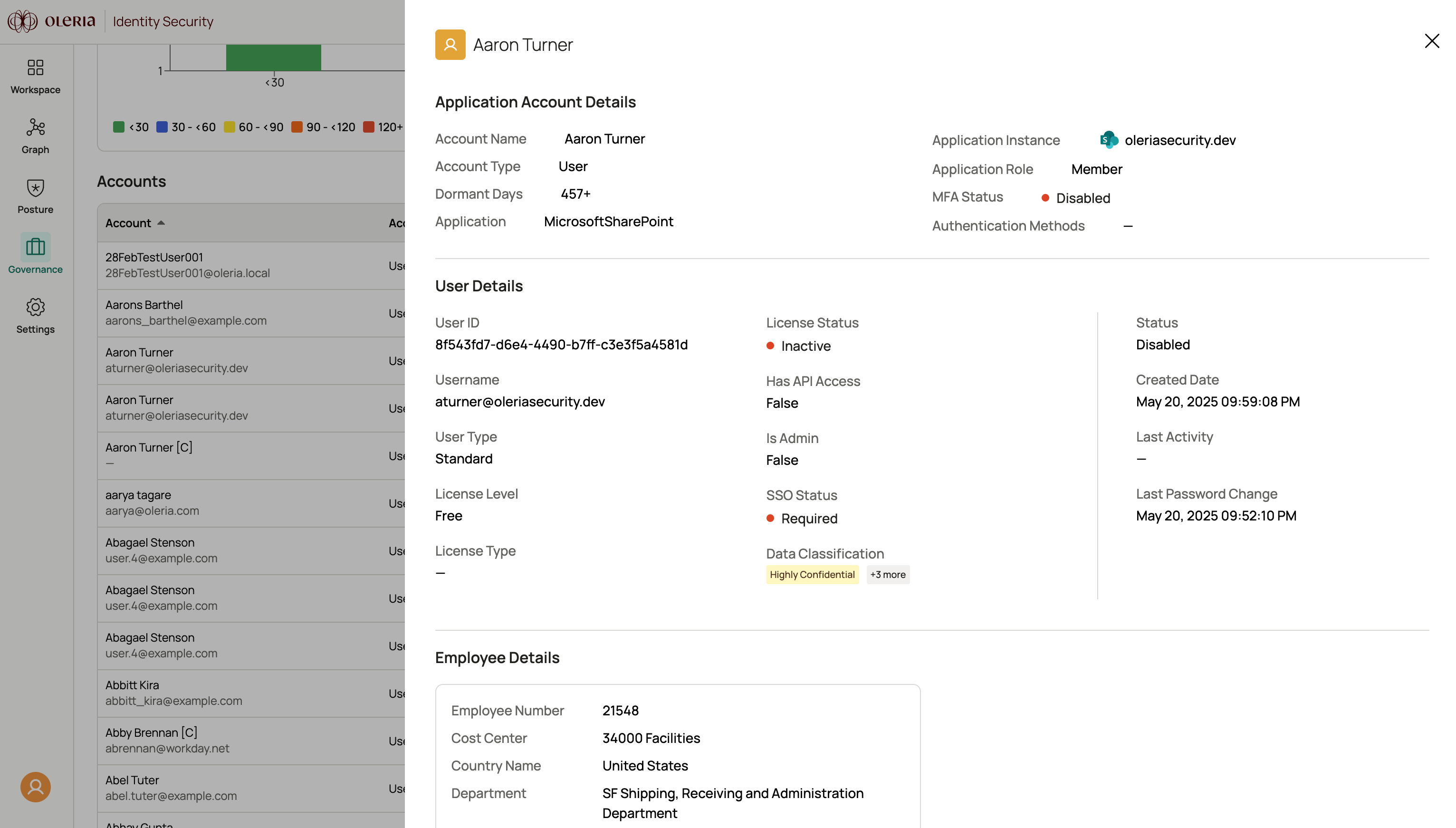 Application accounts details panel showing account name, type, dormant days, and user details