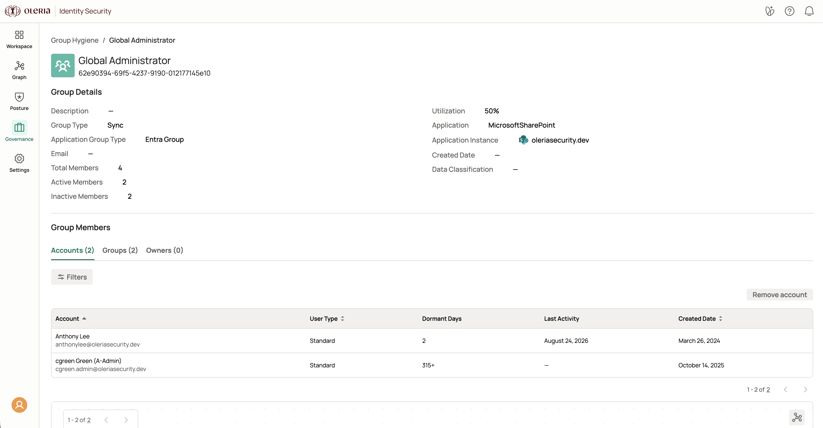 Group details page showing group metadata and member tabs