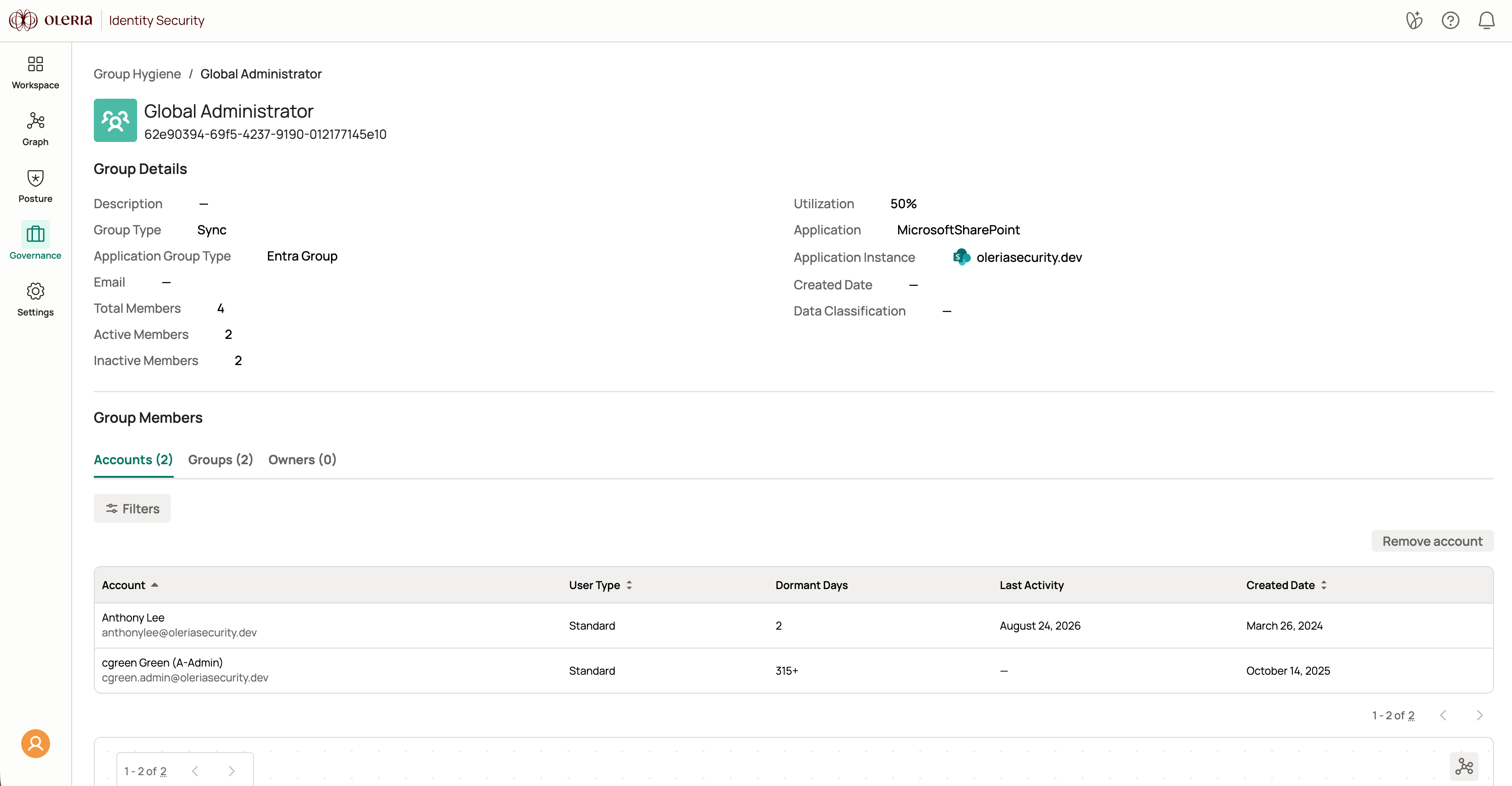 Group details page showing group metadata and member tabs