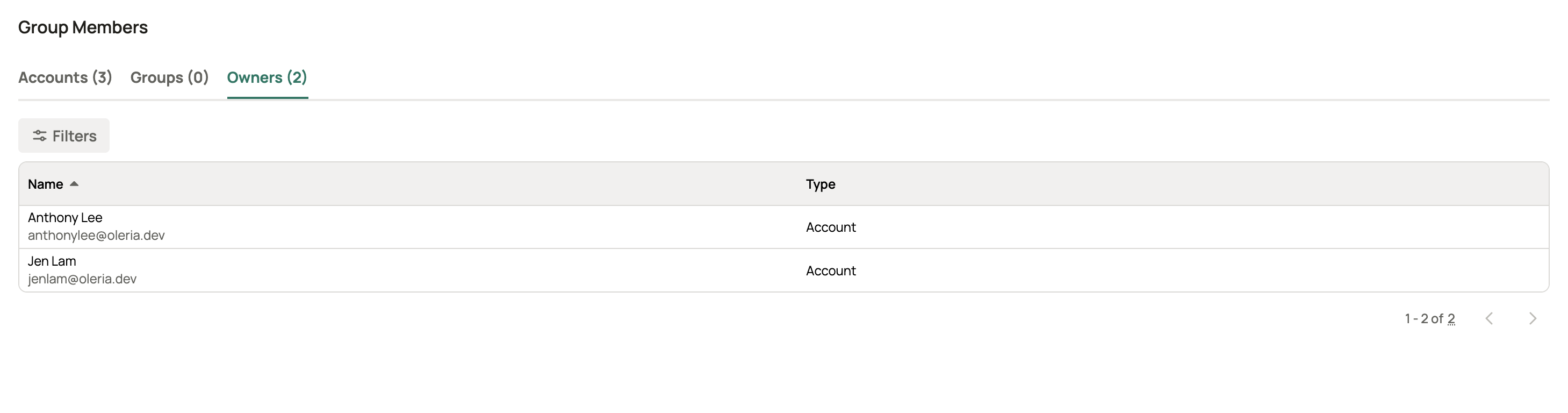Group details Owners tab showing group owners with name and type