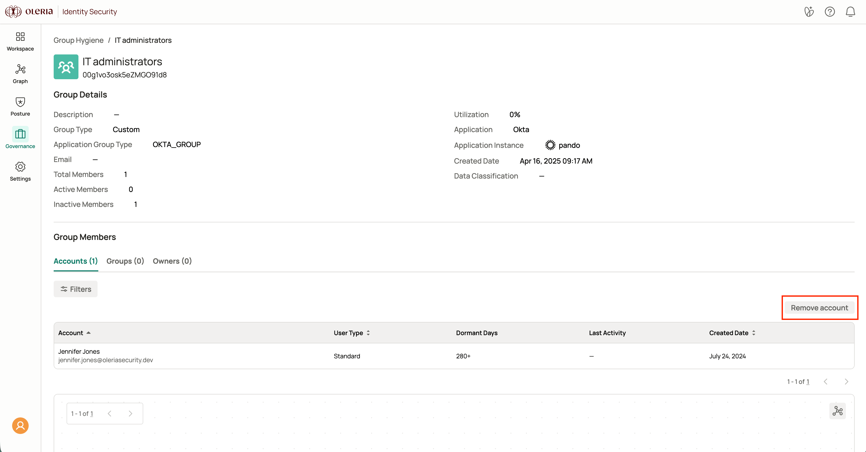 Group details page showing accounts and the remove account action