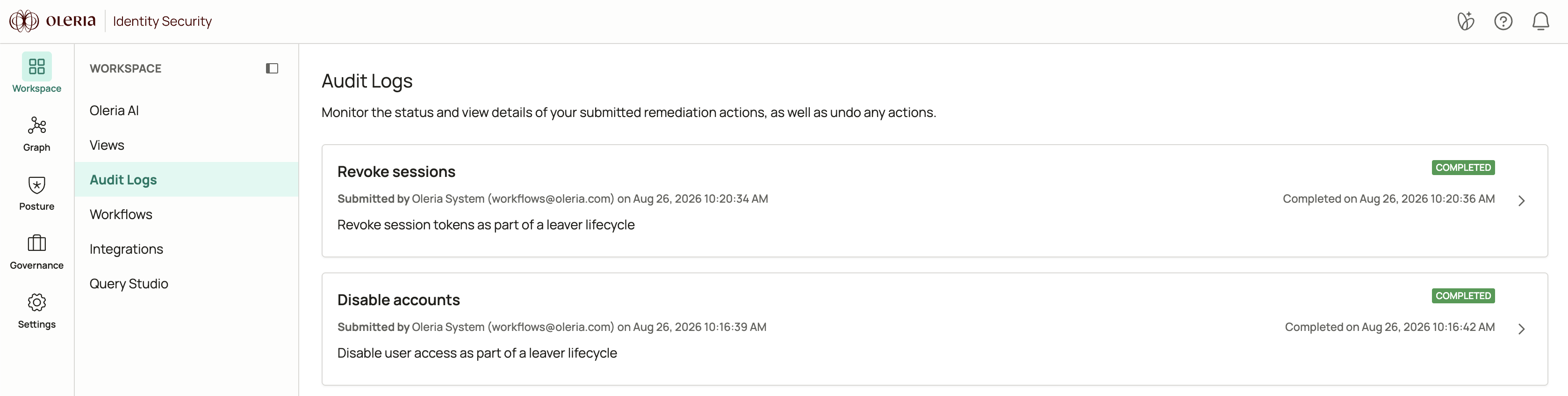 Audit Logs showing a list of submitted remediation actions with status, submitter, and filter criteria