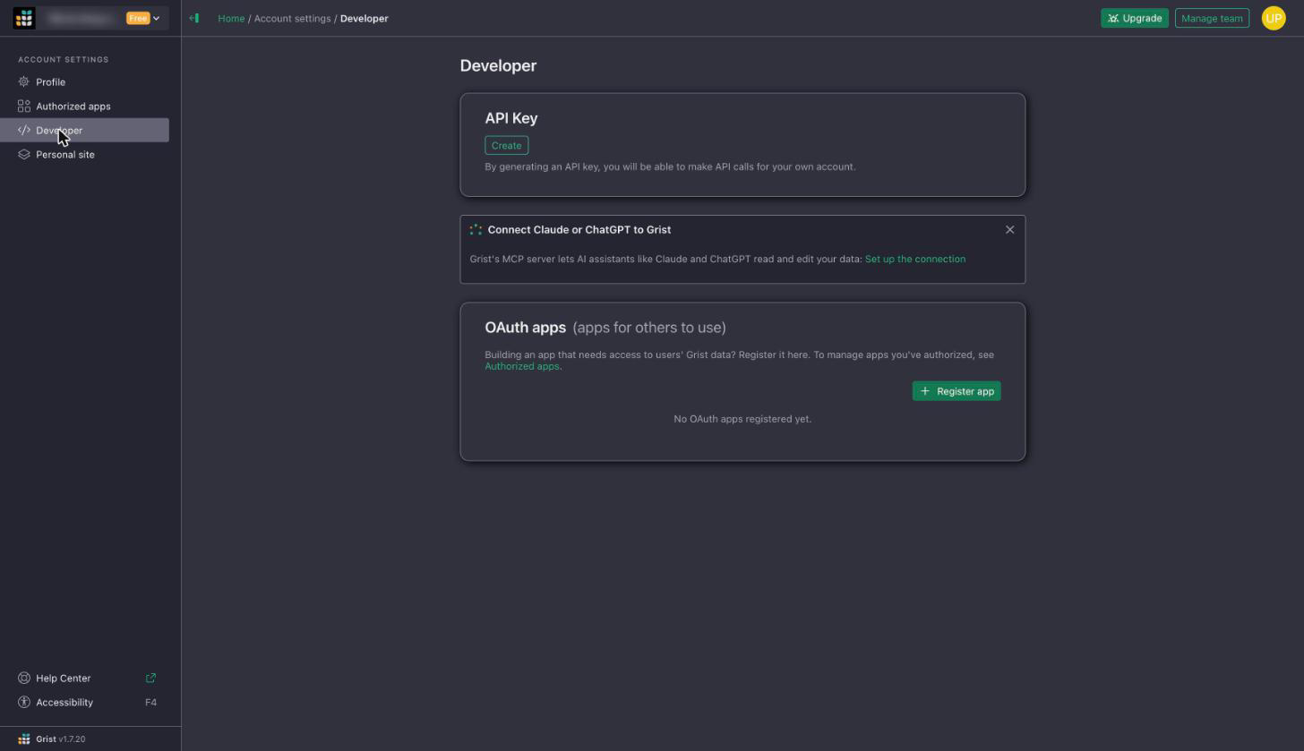 Developer page in Grist account settings with the API Key Create button