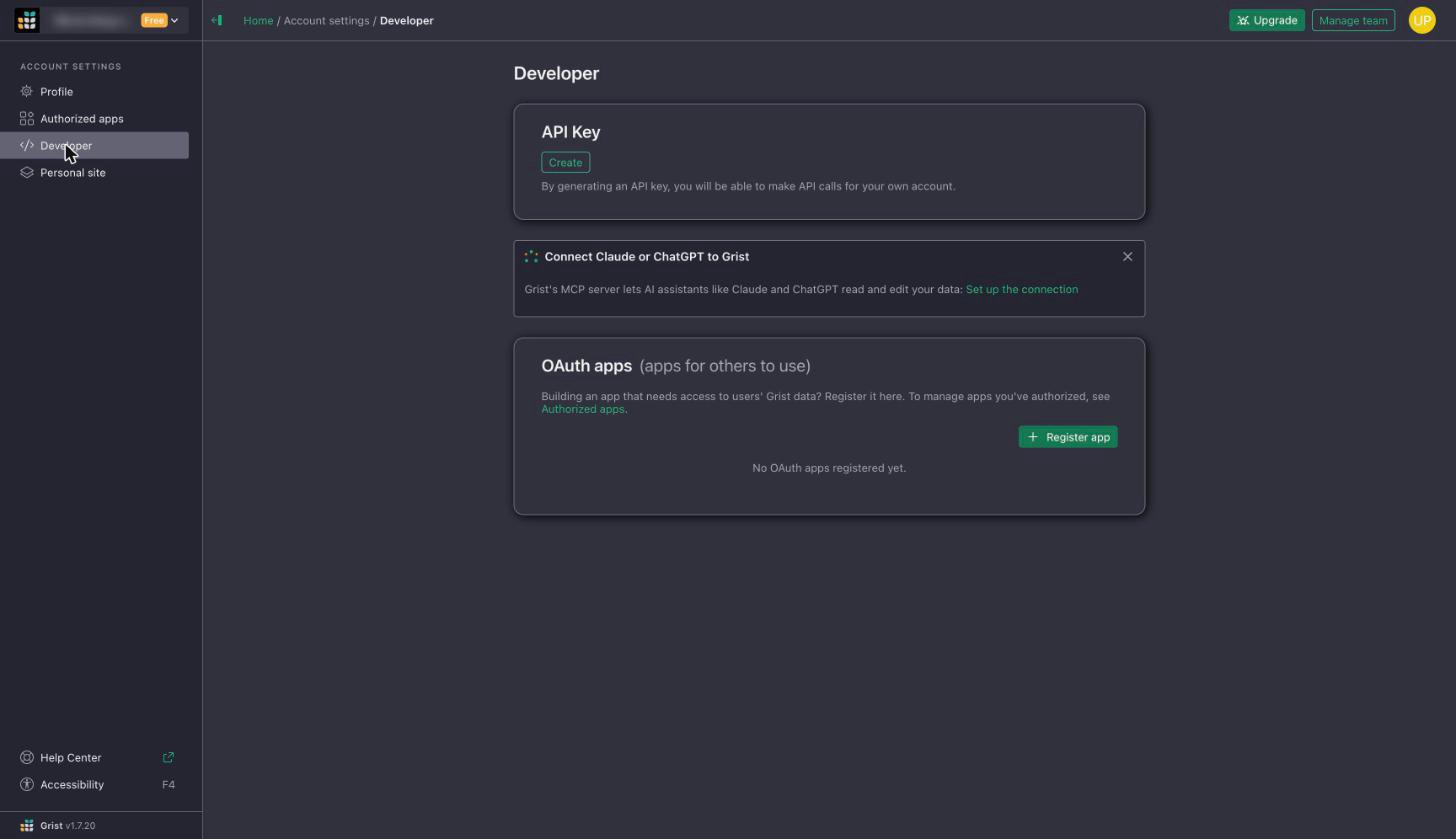 Developer page in Grist account settings with the API Key Create button