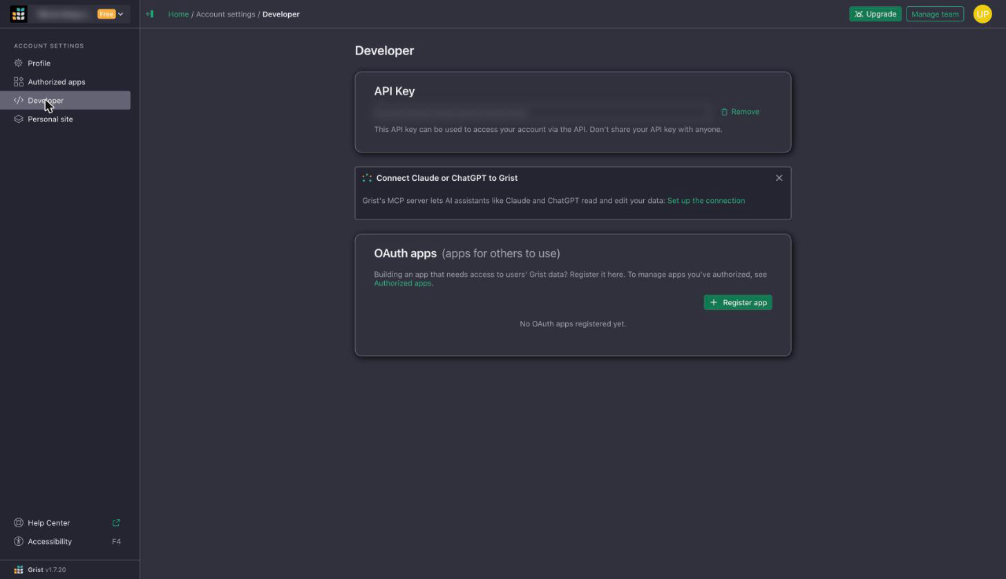 Developer page showing the new API key with a Remove link