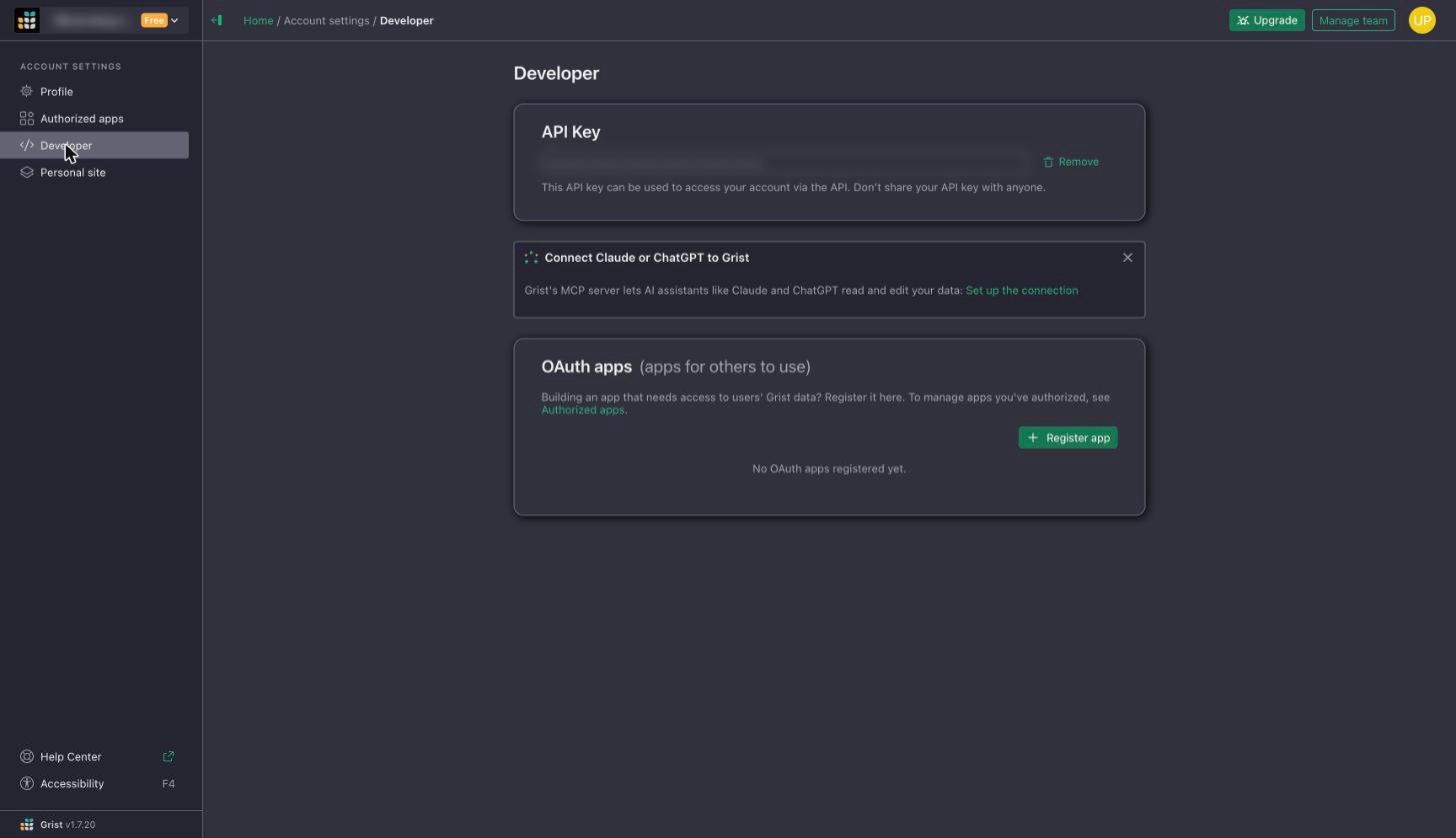 Developer page showing the new API key with a Remove link