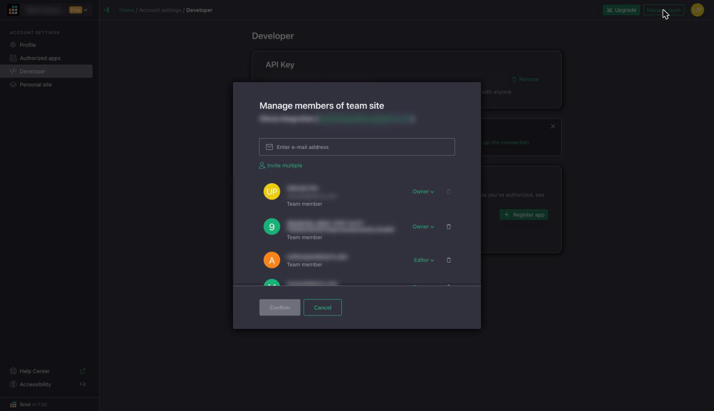 Manage members dialog with the service account listed as an Owner
