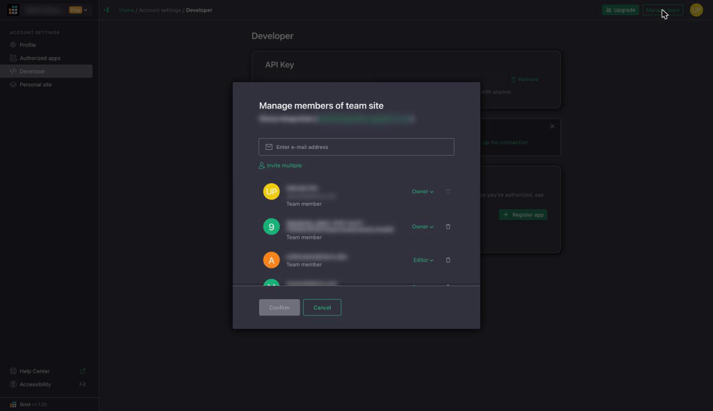 Manage members dialog with the service account listed as an Owner