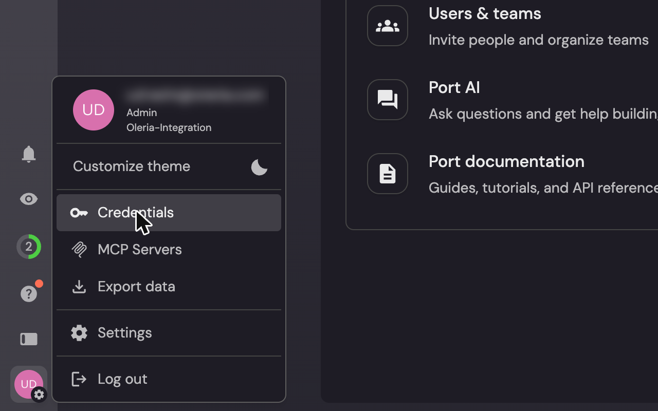 Port profile menu open with Credentials highlighted