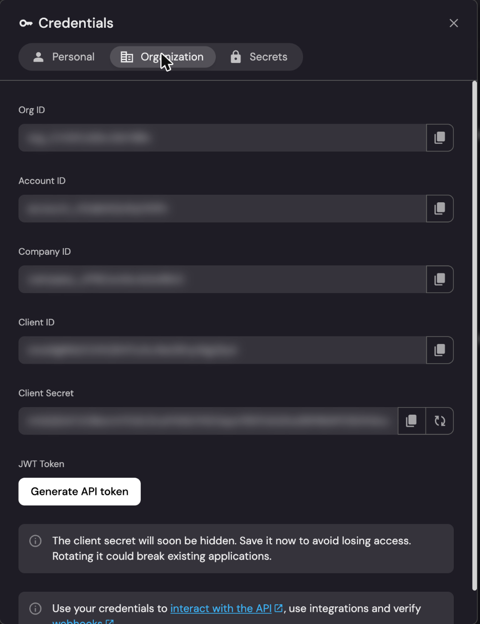 Port Credentials dialog on the Organization tab with the Client ID and Client Secret