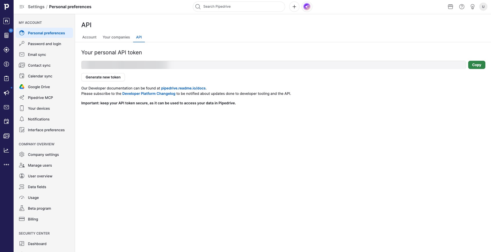 Pipedrive Personal preferences API tab showing the personal API token field