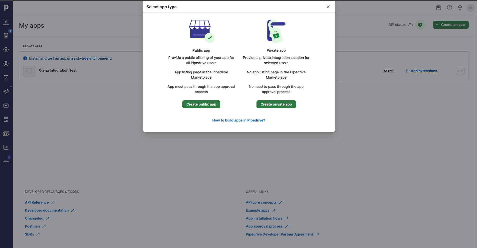 Pipedrive Developer Hub Select app type dialog with the Create private app option