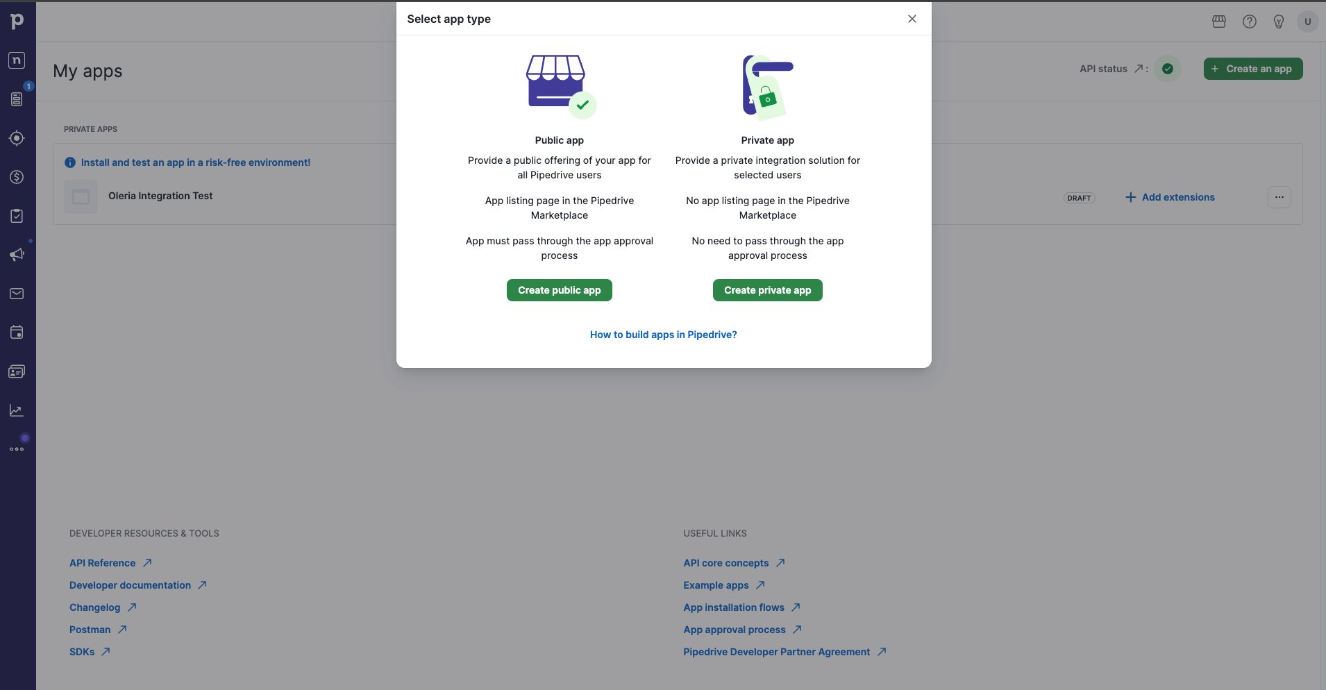 Pipedrive Developer Hub Select app type dialog with the Create private app option