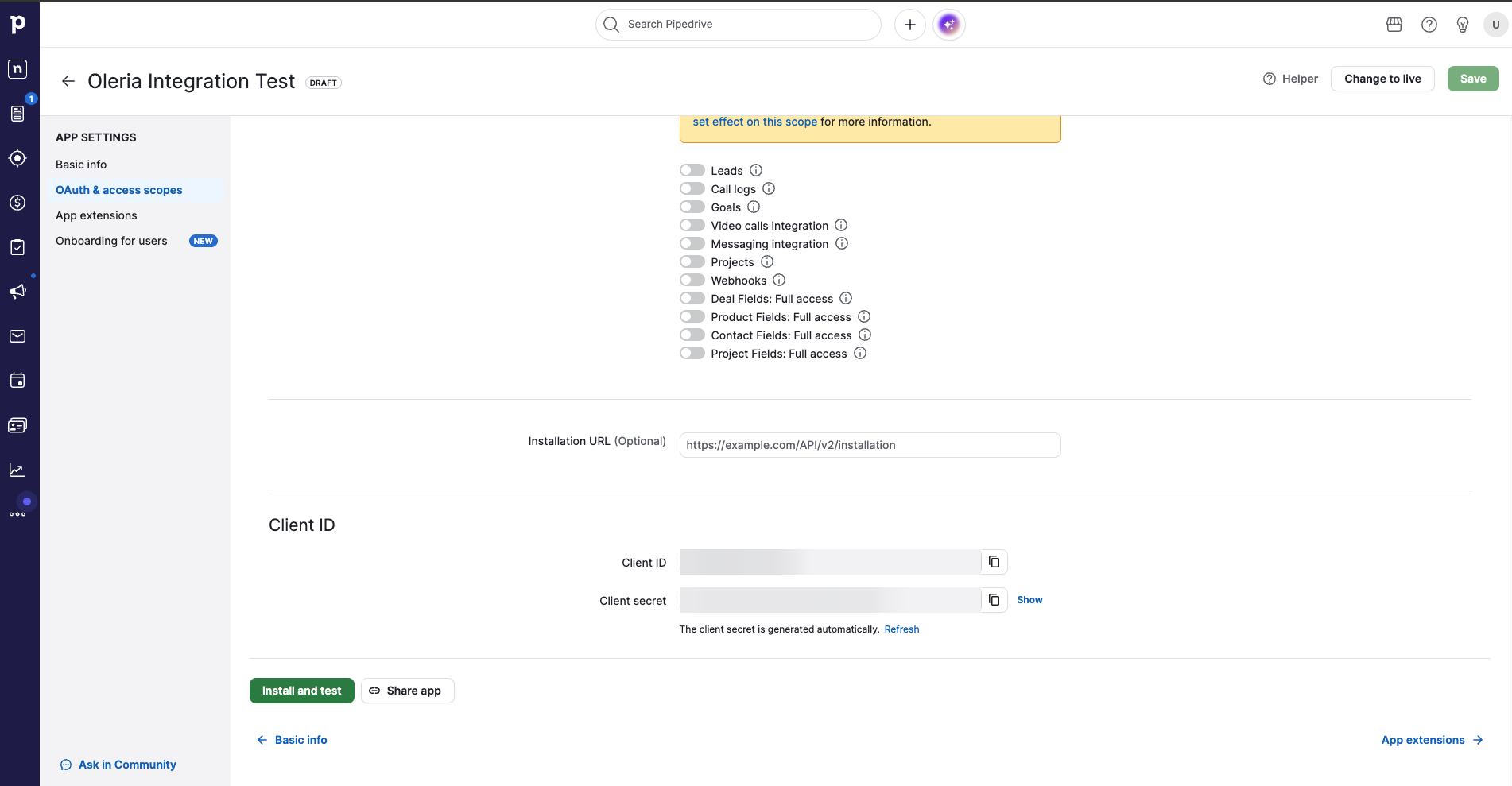 Pipedrive private app Client ID and Client secret fields