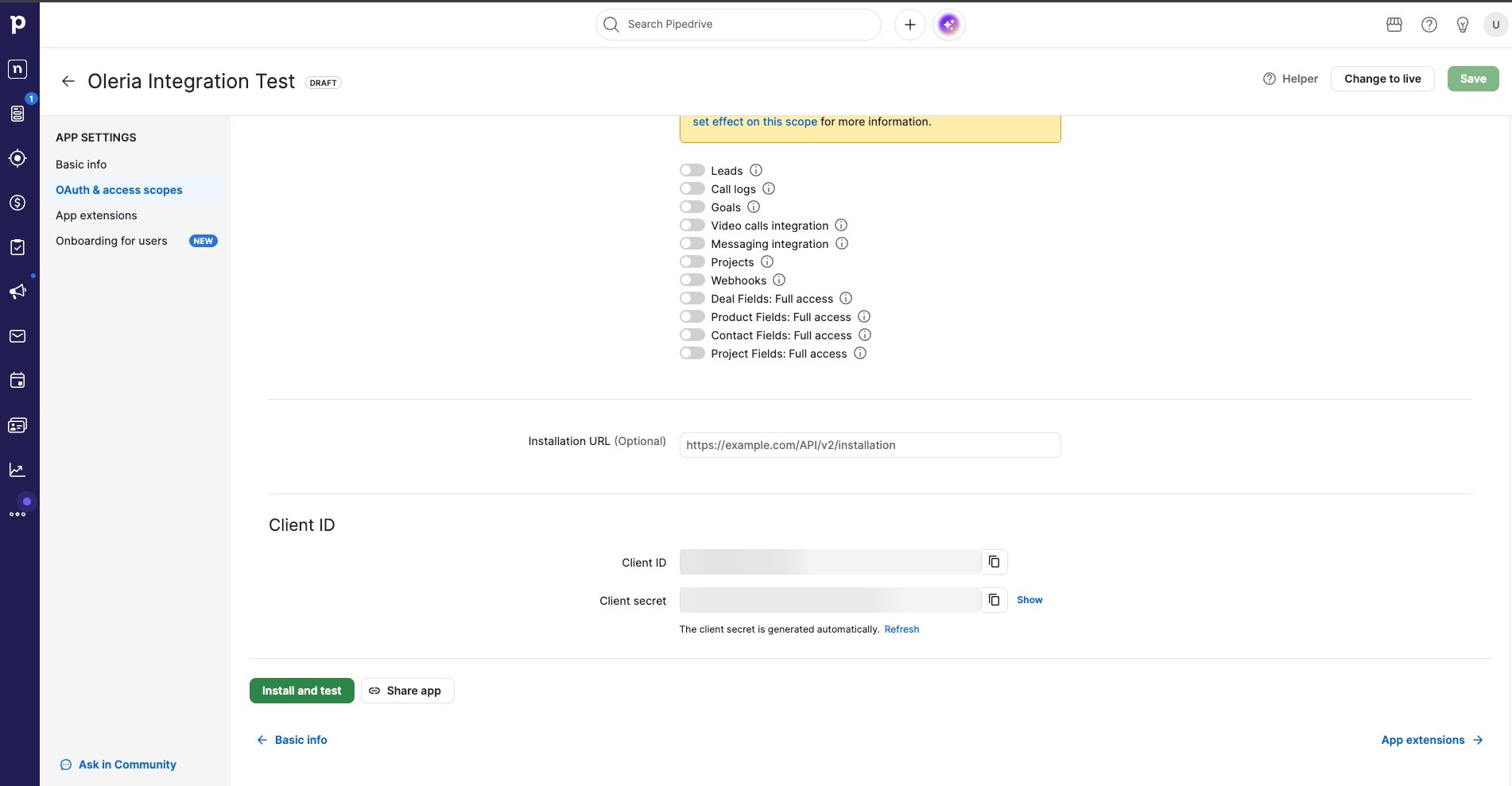 Pipedrive private app Client ID and Client secret fields