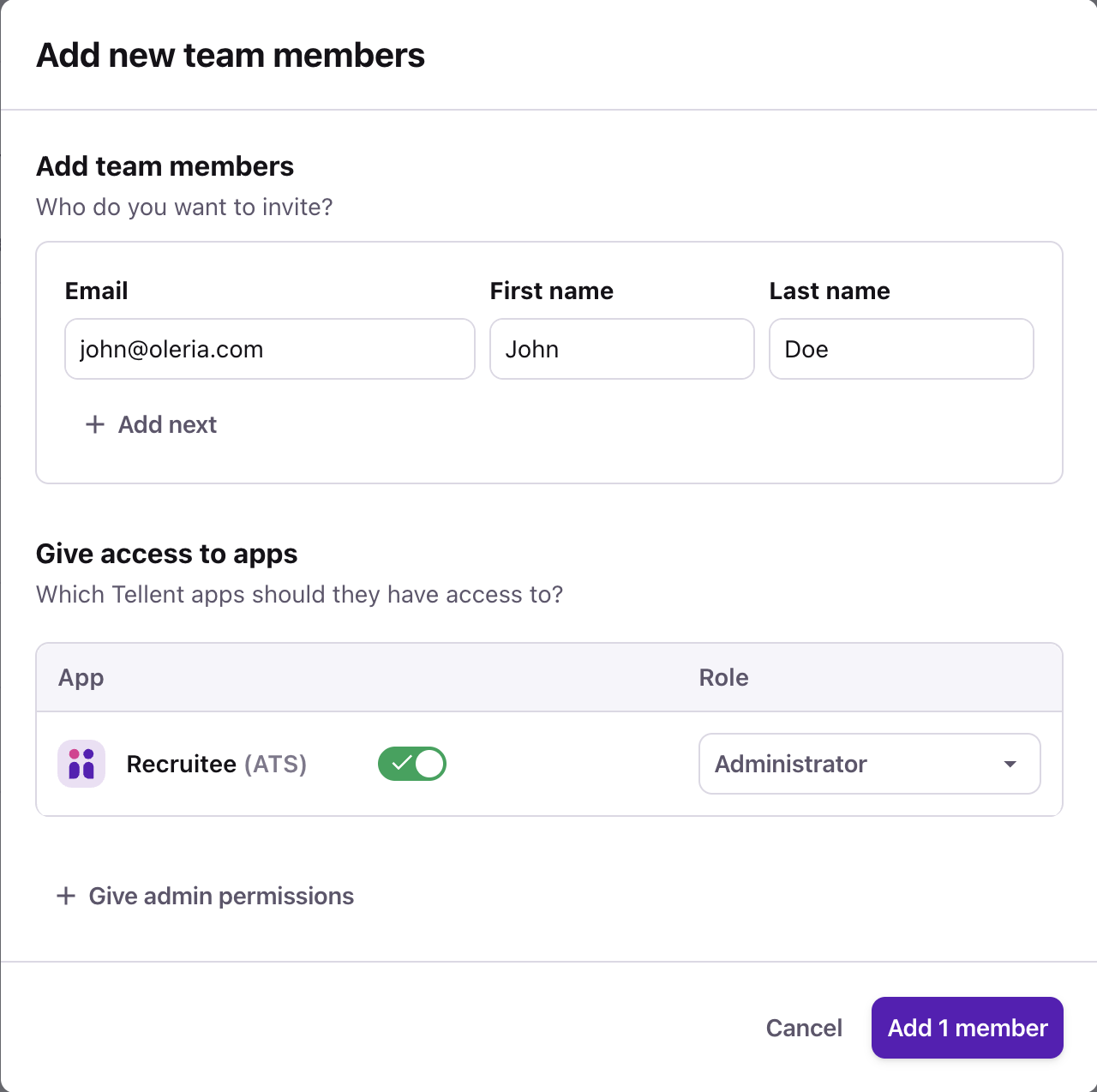 Recruitee Add new team members dialog with Recruitee (ATS) turned on and the Administrator role selected
